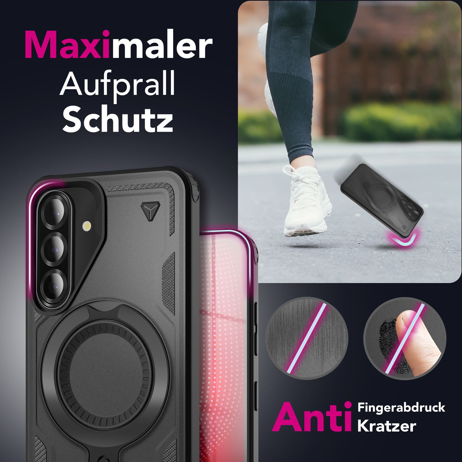 NALIA Stormguard Hülle für Samsung Galaxy A56 – für MagSafe, Panzerschutz Handyhülle mit 360° Drehbarem Ring, Kickstand, Stoßfestes Outdoor Case, Militär Schutzhülle Vulkanschwarz NALIA Outdoor Hülle