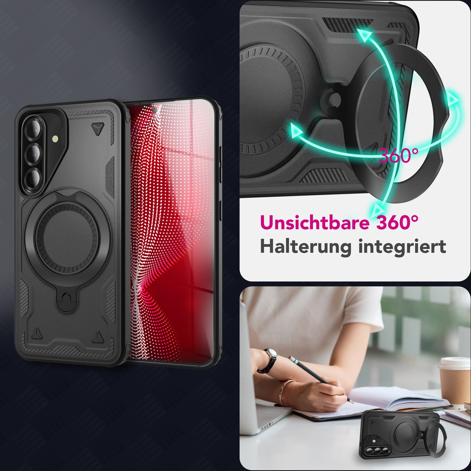 NALIA Stormguard Hülle für Samsung Galaxy A56 – für MagSafe, Panzerschutz Handyhülle mit 360° Drehbarem Ring, Kickstand, Stoßfestes Outdoor Case, Militär Schutzhülle Vulkanschwarz NALIA Outdoor Hülle