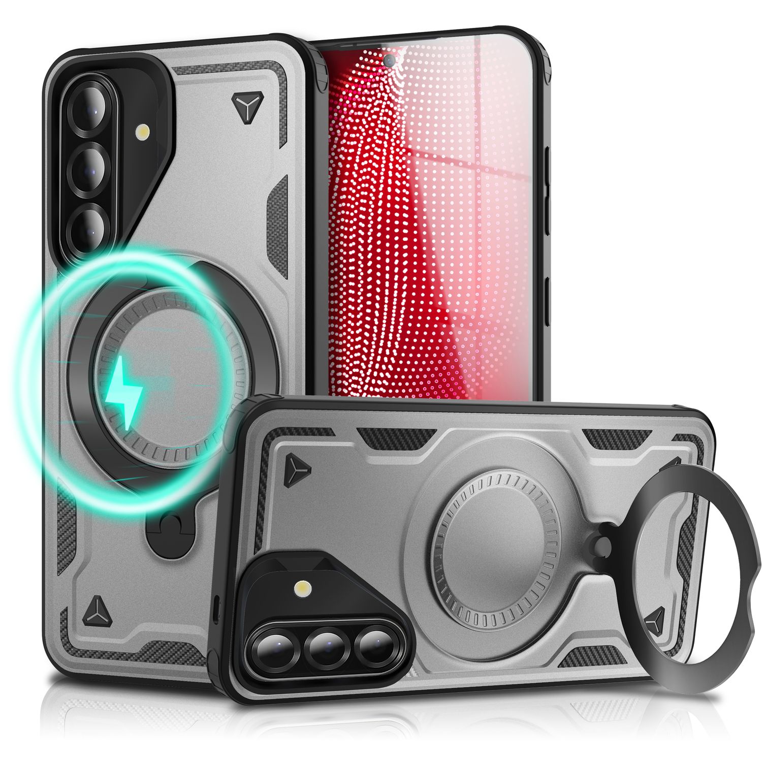 NALIA Stormguard Hülle für Samsung Galaxy A56 – für MagSafe, Panzerschutz Handyhülle mit 360° Drehbarem Ring, Kickstand, Stoßfestes Outdoor Case, Militär Schutzhülle Sturmsilber NALIA Outdoor Hülle