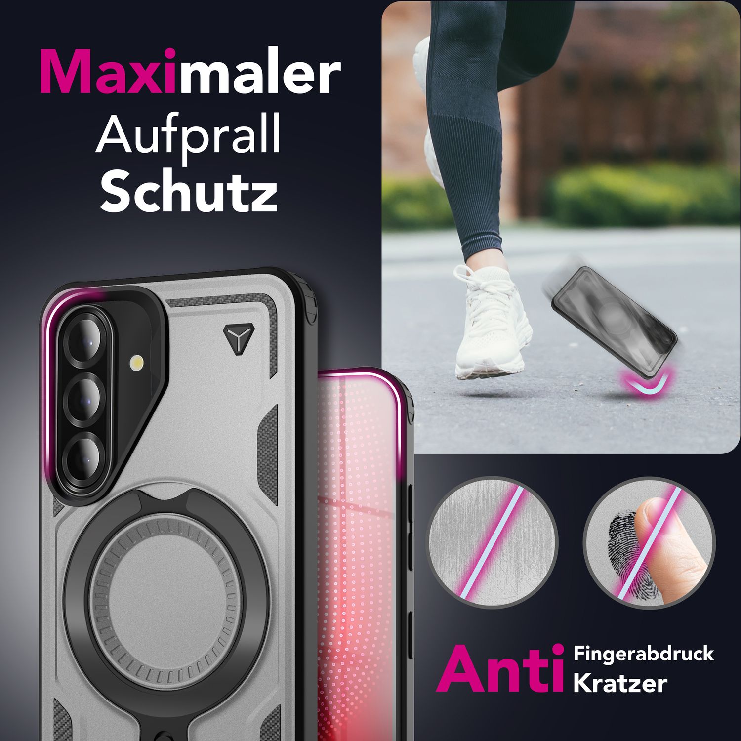 NALIA Stormguard Hülle für Samsung Galaxy A56 – für MagSafe, Panzerschutz Handyhülle mit 360° Drehbarem Ring, Kickstand, Stoßfestes Outdoor Case, Militär Schutzhülle Sturmsilber NALIA Outdoor Hülle
