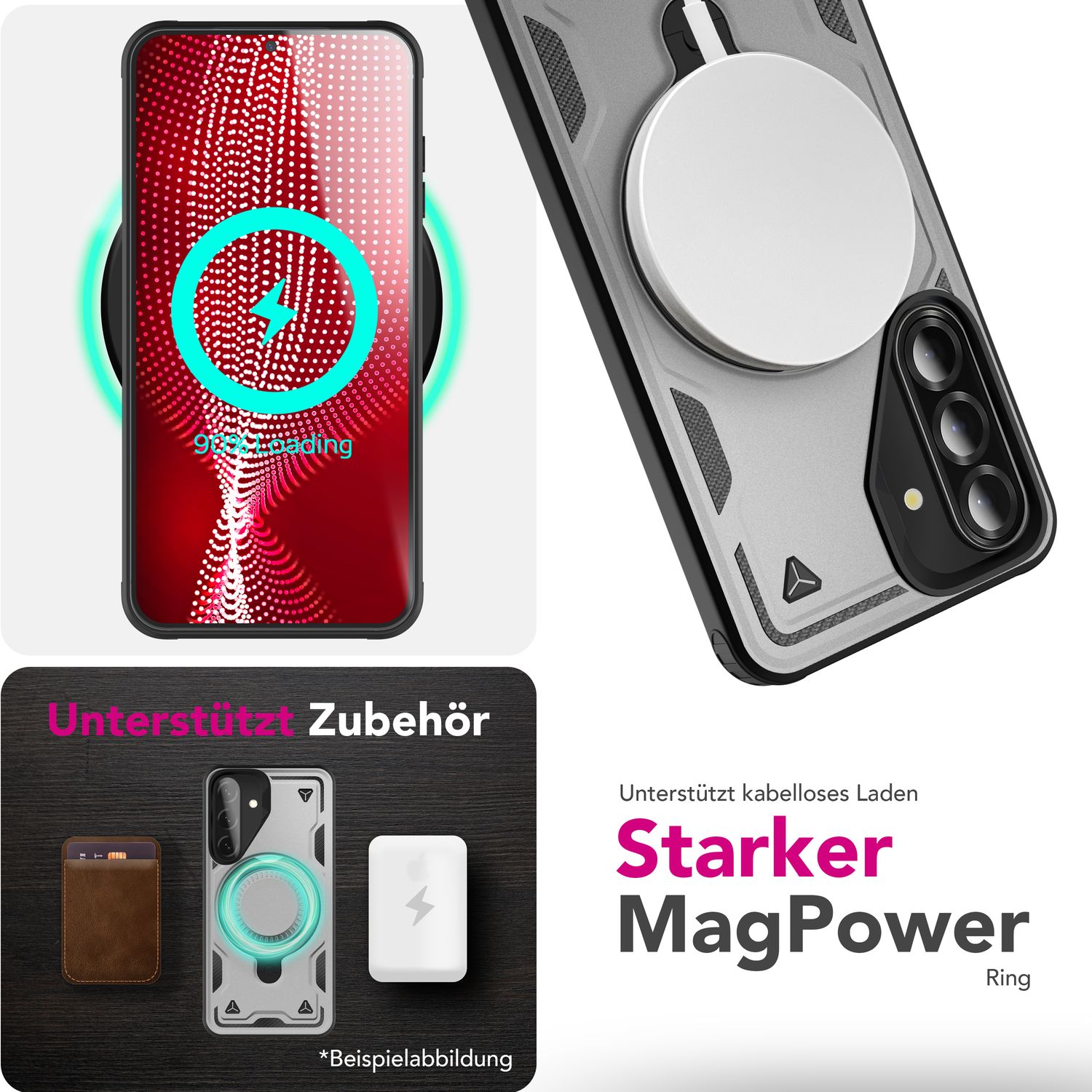 NALIA Stormguard Hülle für Samsung Galaxy A56 – für MagSafe, Panzerschutz Handyhülle mit 360° Drehbarem Ring, Kickstand, Stoßfestes Outdoor Case, Militär Schutzhülle Sturmsilber NALIA Outdoor Hülle