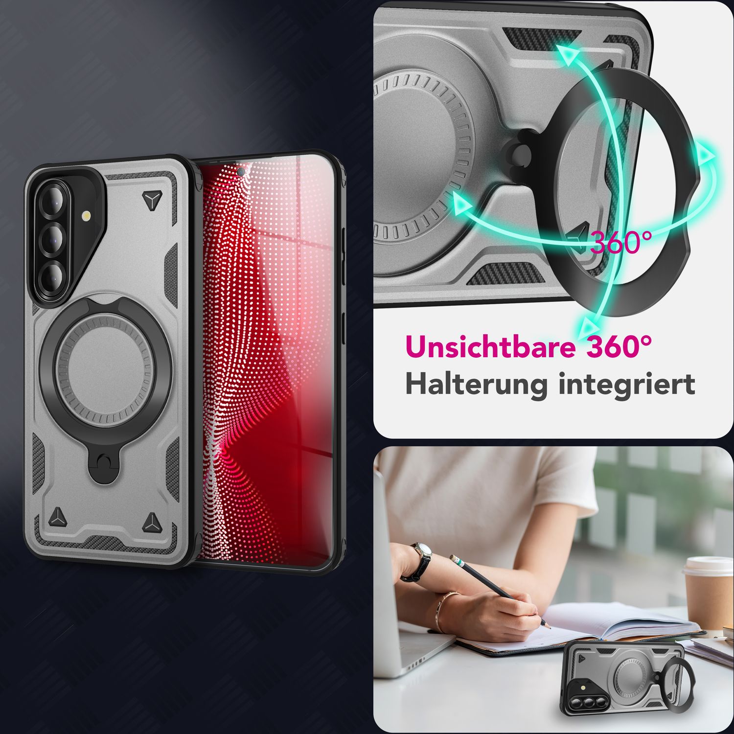 NALIA Stormguard Hülle für Samsung Galaxy A56 – für MagSafe, Panzerschutz Handyhülle mit 360° Drehbarem Ring, Kickstand, Stoßfestes Outdoor Case, Militär Schutzhülle Sturmsilber NALIA Outdoor Hülle