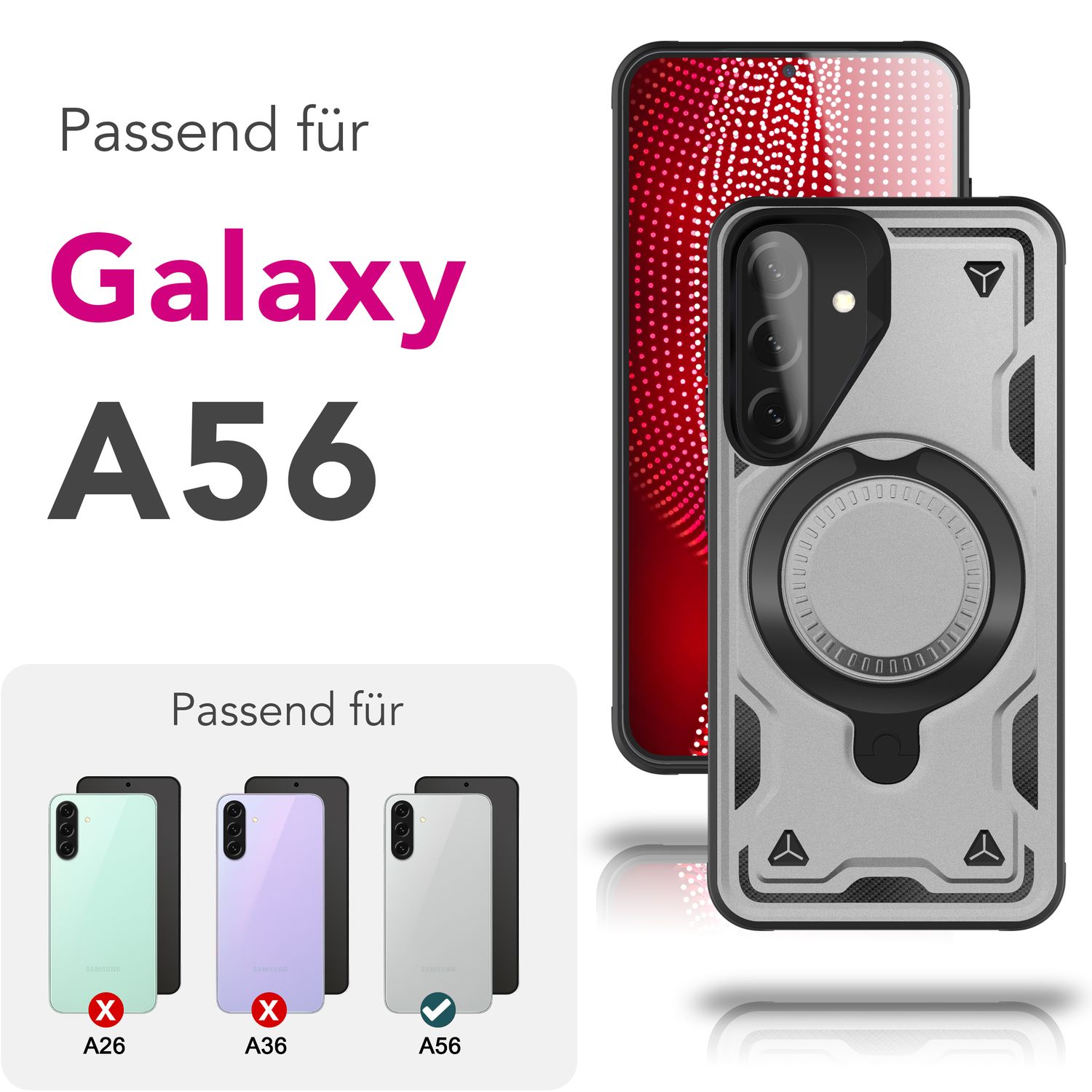 NALIA Stormguard Hülle für Samsung Galaxy A56 – für MagSafe, Panzerschutz Handyhülle mit 360° Drehbarem Ring, Kickstand, Stoßfestes Outdoor Case, Militär Schutzhülle Sturmsilber NALIA Outdoor Hülle