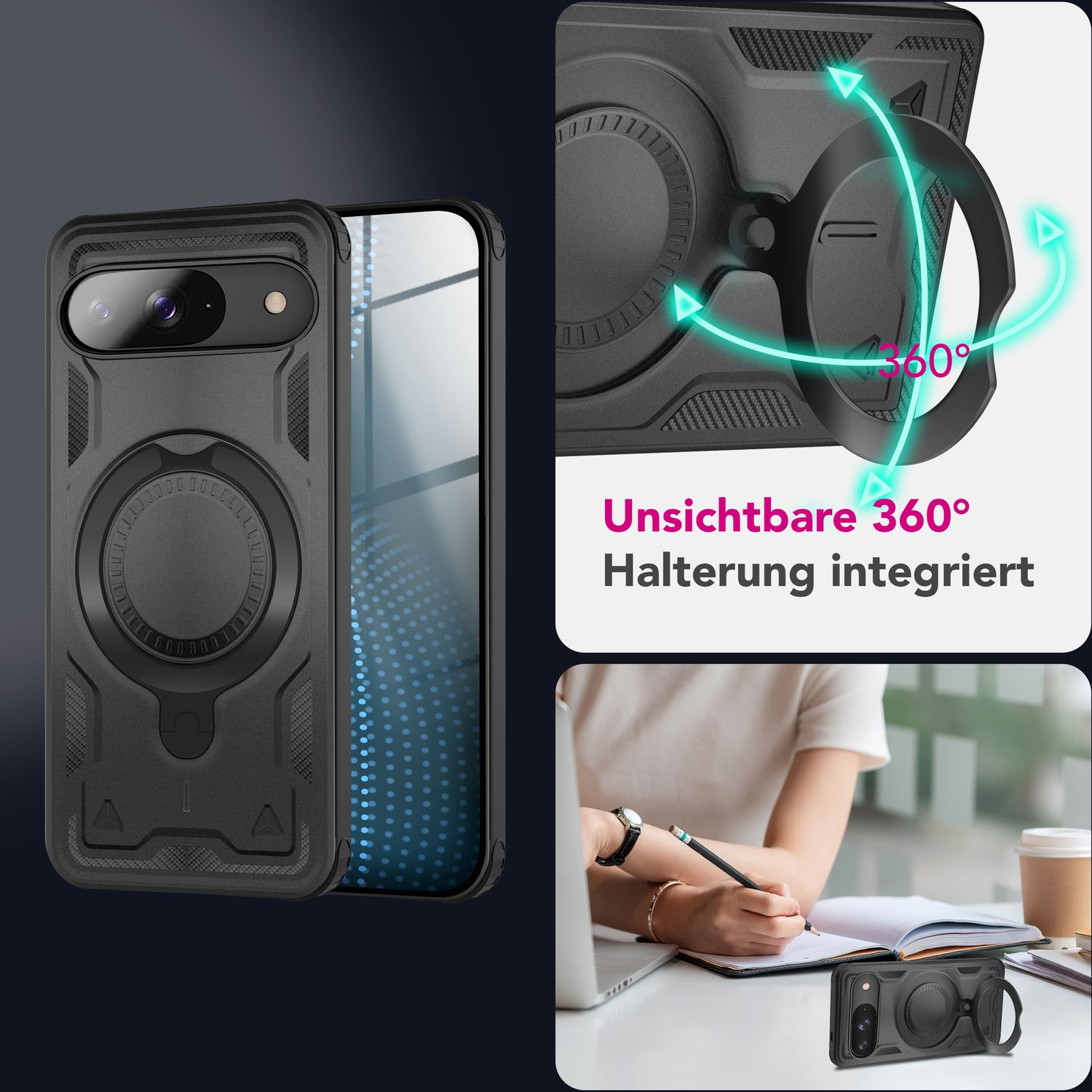 NALIA Stormguard Hülle für Google Pixel 9 – Handyhülle für MagSafe, Stoßfestes Hardcase mit 360° Ringhalter, Aufprallschutz Cover, Panzer Schutzhülle im Militär Stil