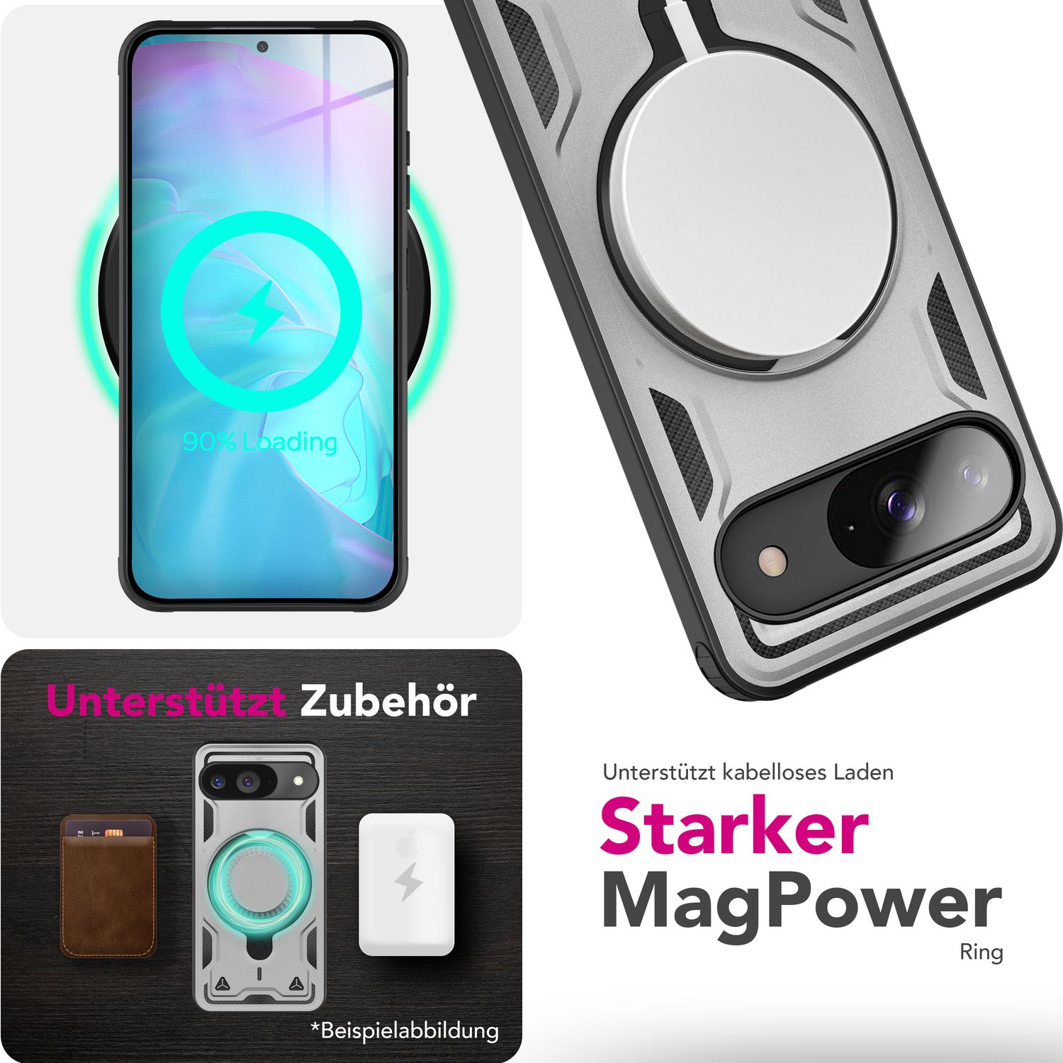 NALIA Stormguard Hülle für Google Pixel 9 – Handyhülle für MagSafe, Stoßfestes Hardcase mit 360° Ringhalter, Aufprallschutz Cover, Panzer Schutzhülle im Militär Stil