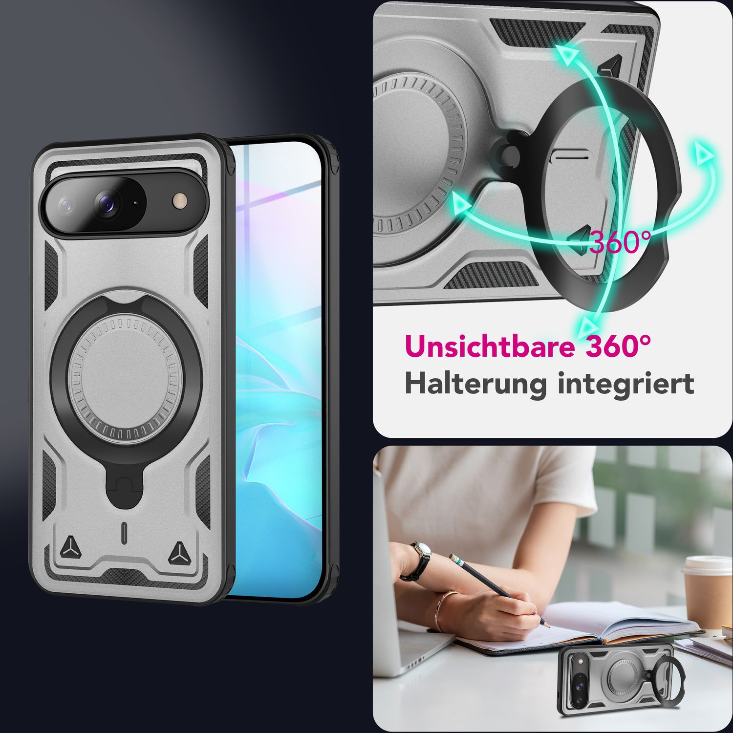 NALIA Stormguard Hülle für Google Pixel 9 – Handyhülle für MagSafe, Stoßfestes Hardcase mit 360° Ringhalter, Aufprallschutz Cover, Panzer Schutzhülle im Militär Stil