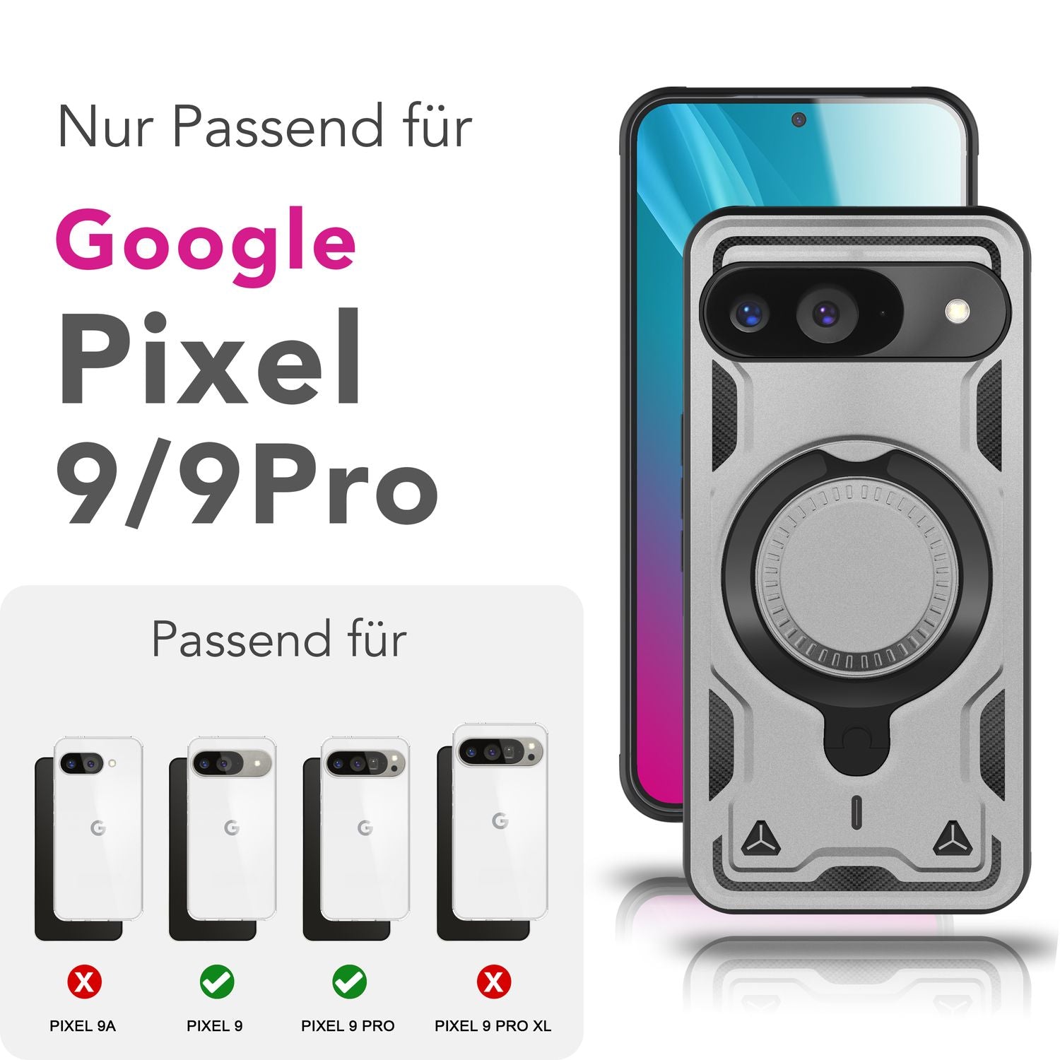 NALIA Stormguard Hülle für Google Pixel 9 – Handyhülle für MagSafe, Stoßfestes Hardcase mit 360° Ringhalter, Aufprallschutz Cover, Panzer Schutzhülle im Militär Stil