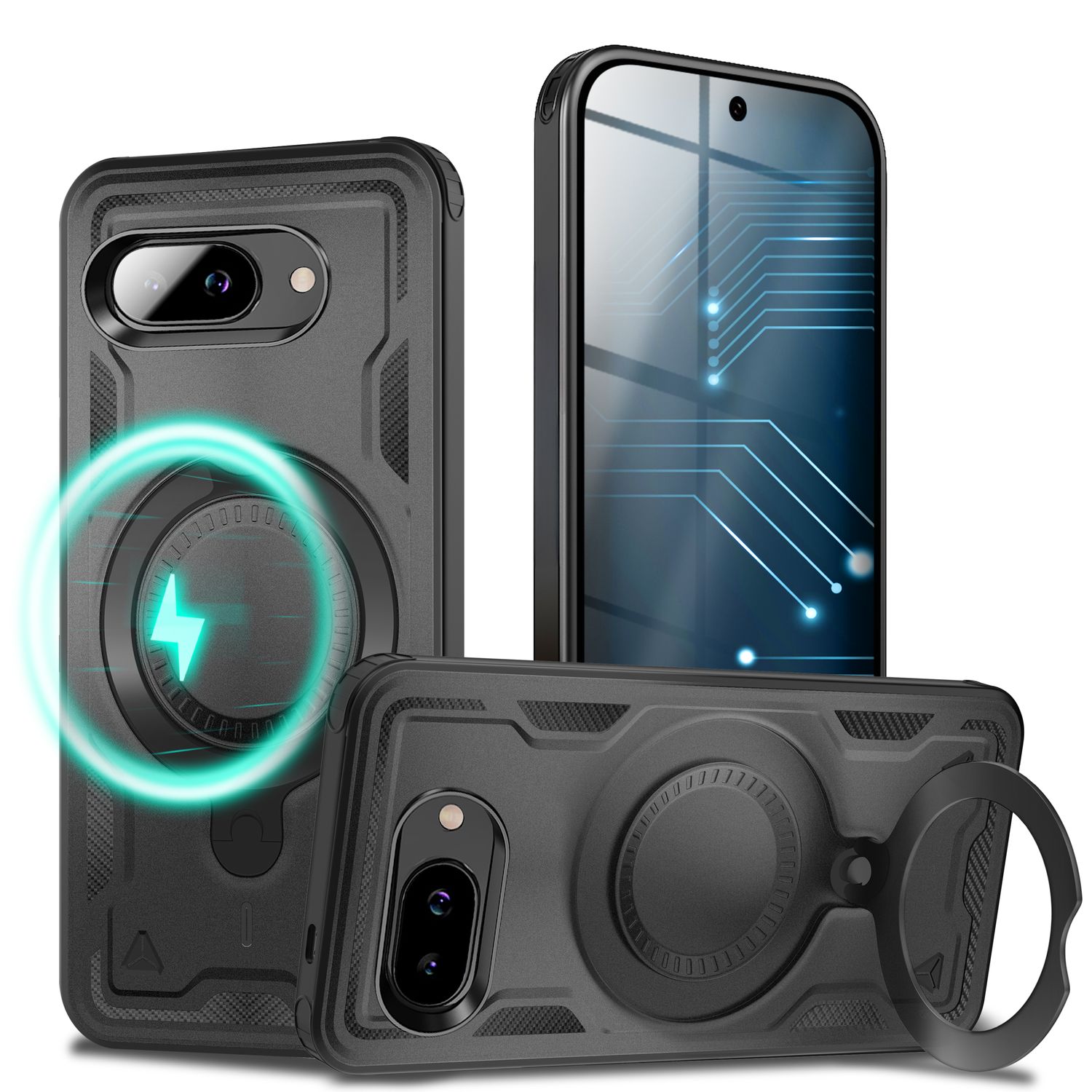 NALIA Stormguard Hülle für Google Pixel 9a – Handyhülle für MagSafe, Panzerschutz mit 360° Ring für Stand & Finger-Halter, Stoßfestes Cover für Outdoor, Military Case