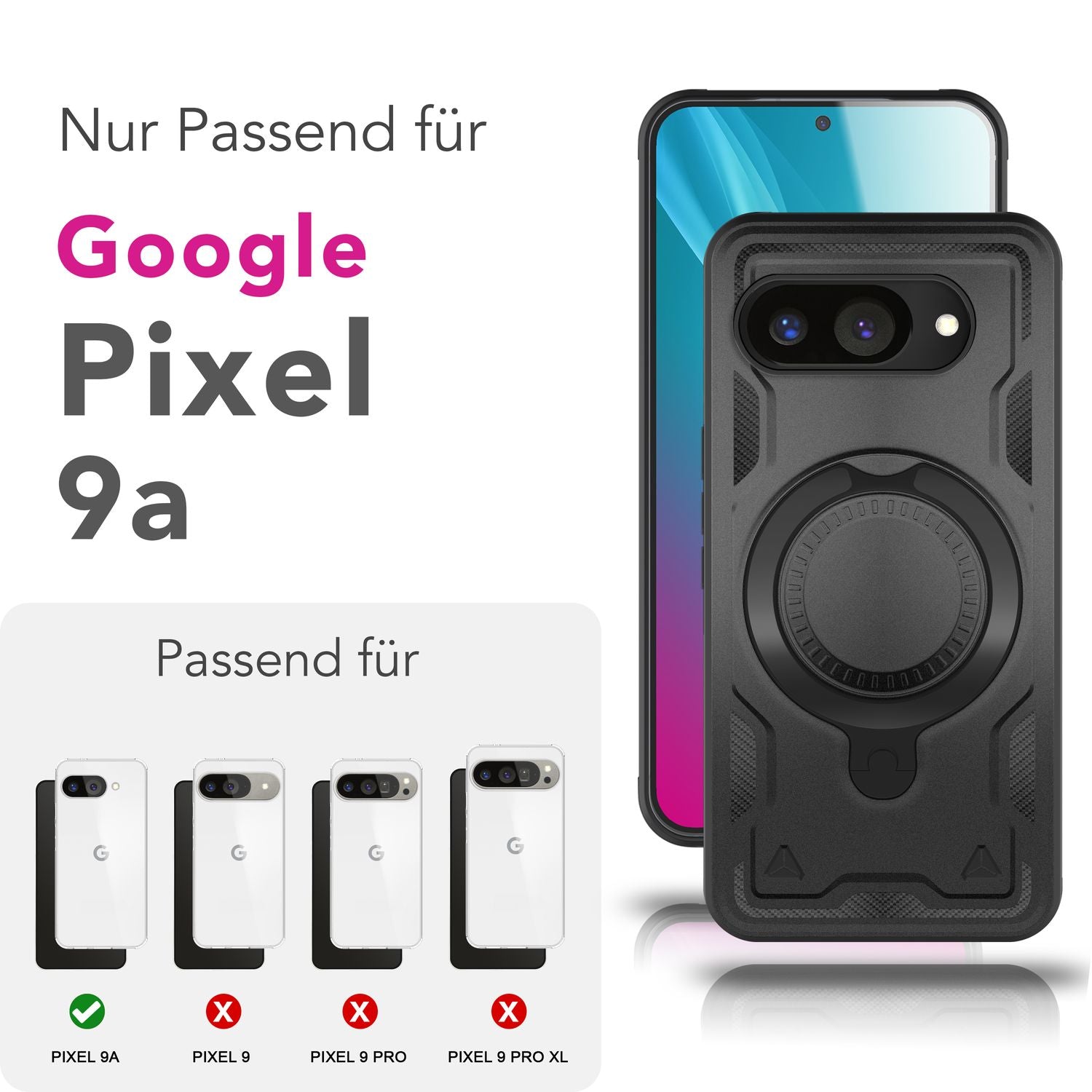 NALIA Stormguard Hülle für Google Pixel 9a – Handyhülle für MagSafe, Panzerschutz mit 360° Ring für Stand & Finger-Halter, Stoßfestes Cover für Outdoor, Military Case