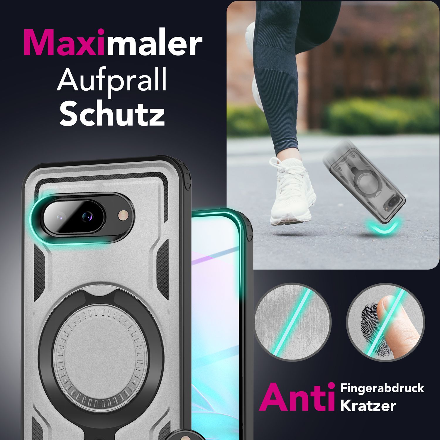 NALIA Stormguard Hülle für Google Pixel 9a – Handyhülle für MagSafe, Panzerschutz mit 360° Ring für Stand & Finger-Halter, Stoßfestes Cover für Outdoor, Military Case