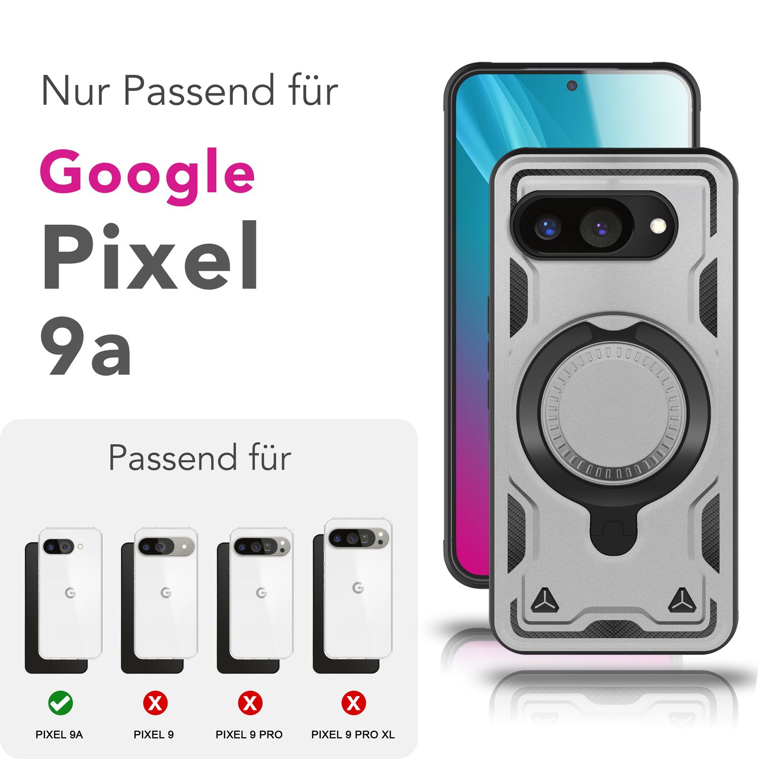 NALIA Stormguard Hülle für Google Pixel 9a – Handyhülle für MagSafe, Panzerschutz mit 360° Ring für Stand & Finger-Halter, Stoßfestes Cover für Outdoor, Military Case