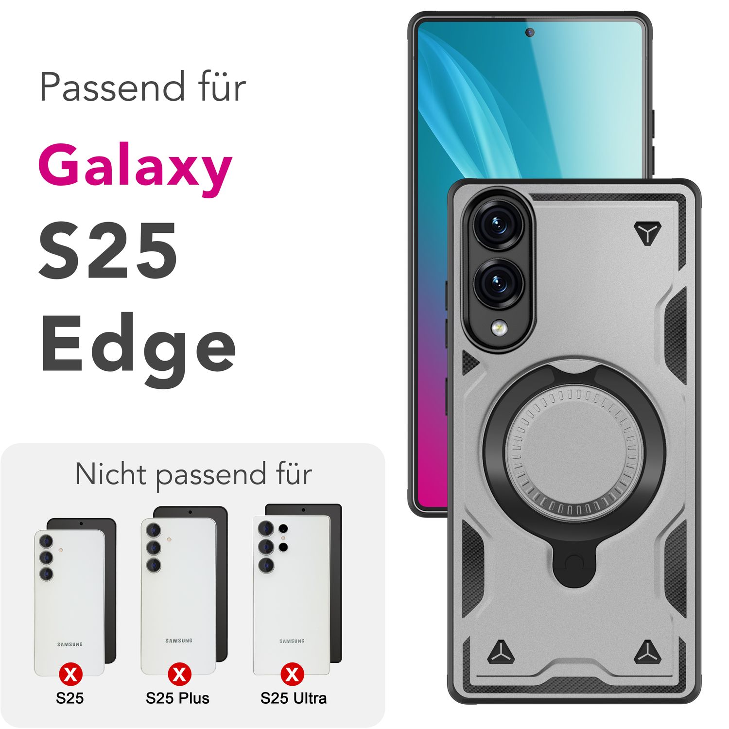 NALIA Stormguard Hülle für Samsung Galaxy S25 Edge – für MagSafe, Panzerhülle mit 360° Ring, Schlagfest & Stabil, Verstärkter Fallschutz, Militär Schutzklasse