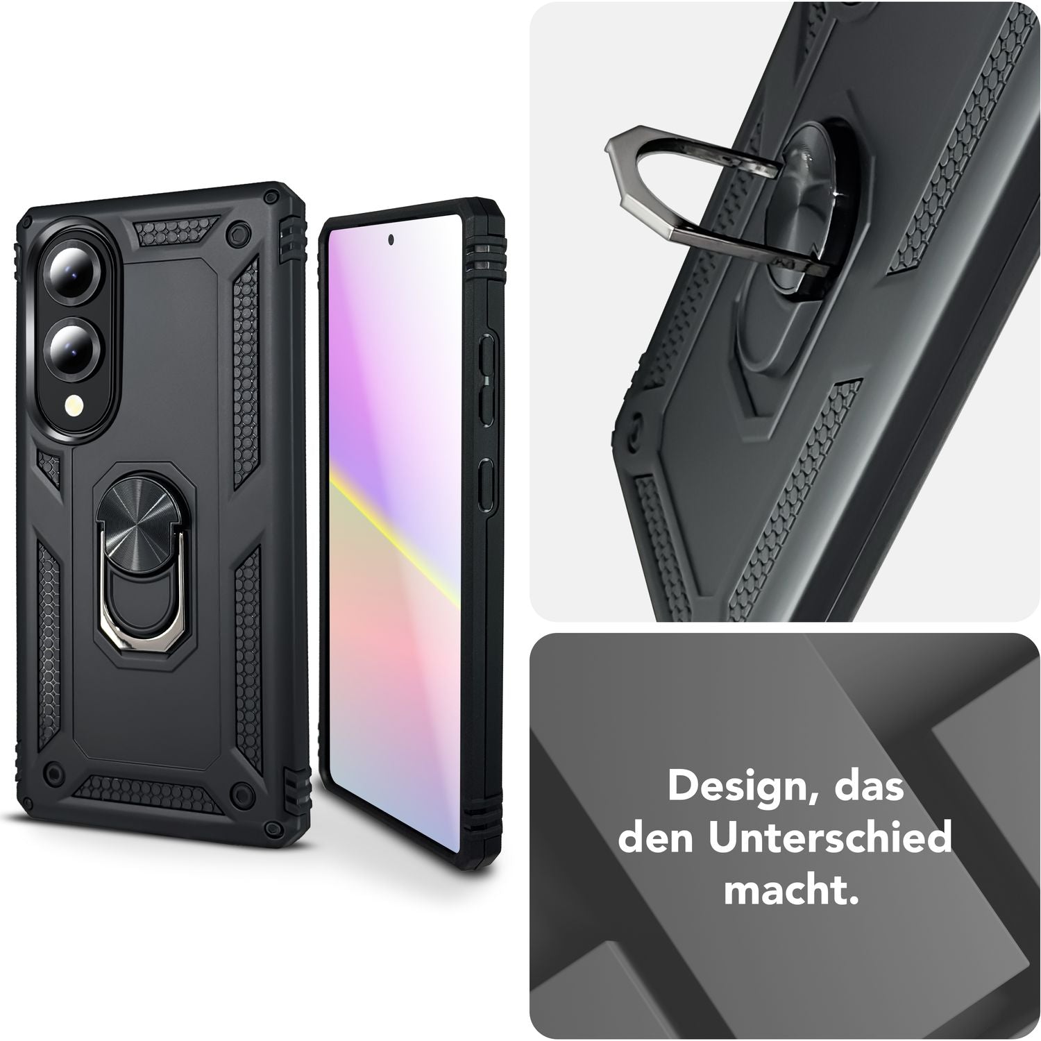 NALIA RingDefend Hülle für Samsung Galaxy S25 Edge – Schwarze Military Style Ringhülle, Stoßfester Fallschutz, 360° Finger-Halter & Ständer, Ultra Robust & Widerstandsfähig