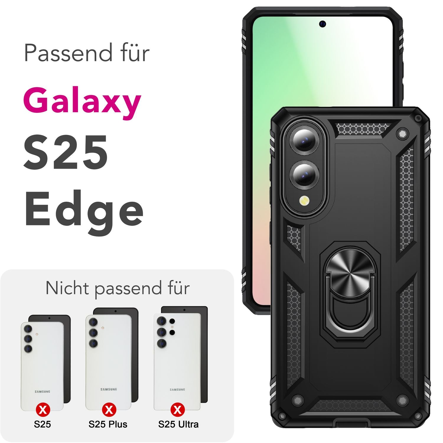 NALIA RingDefend Hülle für Samsung Galaxy S25 Edge – Schwarze Military Style Ringhülle, Stoßfester Fallschutz, 360° Finger-Halter & Ständer, Ultra Robust & Widerstandsfähig