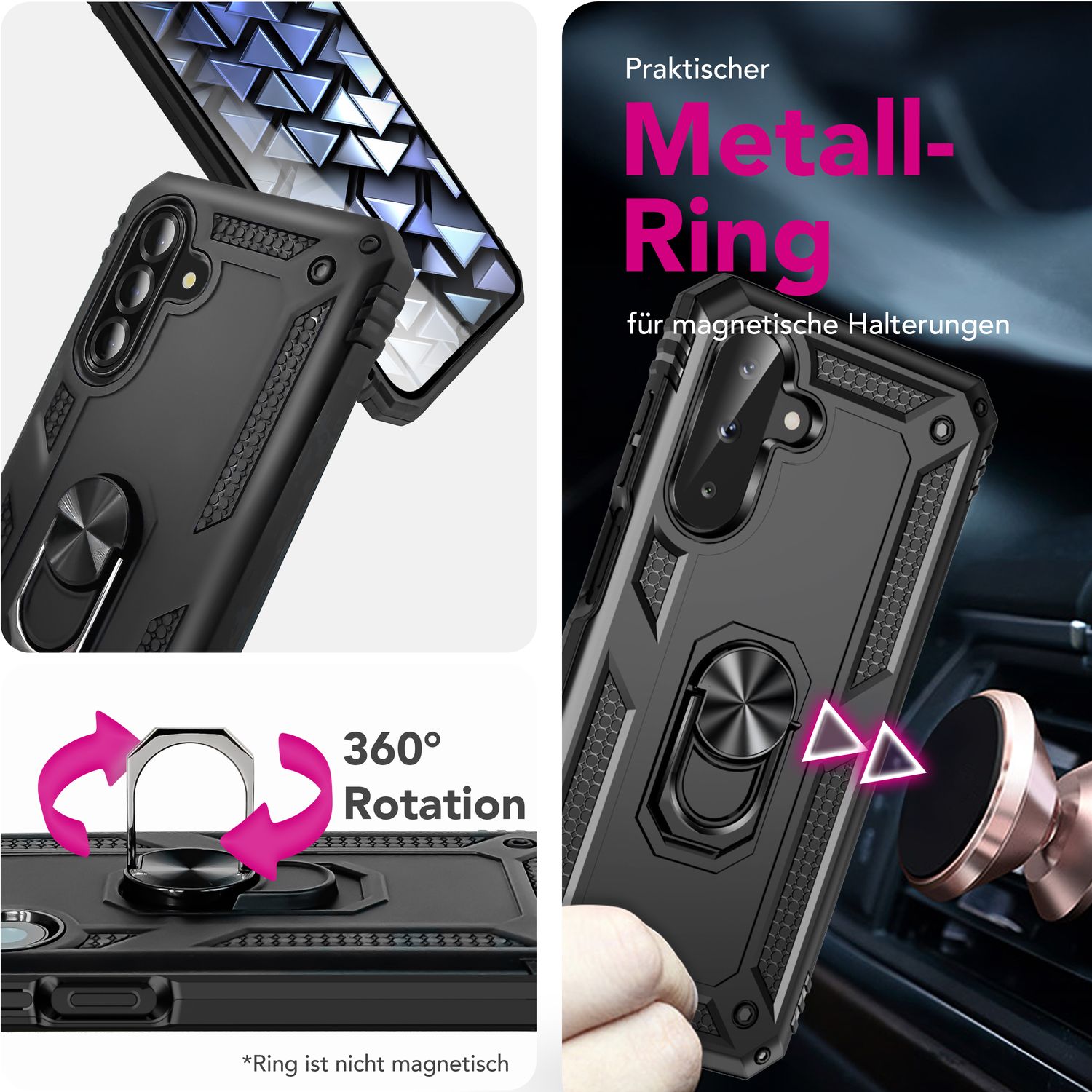 NALIA RingDefend Hülle für Samsung Galaxy A26 – Robuste Panzerhülle mit 360° Drehbarem Metallring, Kickstand & Finger-Halter, Stoßfeste Outdoor Schutzhülle, Rutschfest - Schwarz
