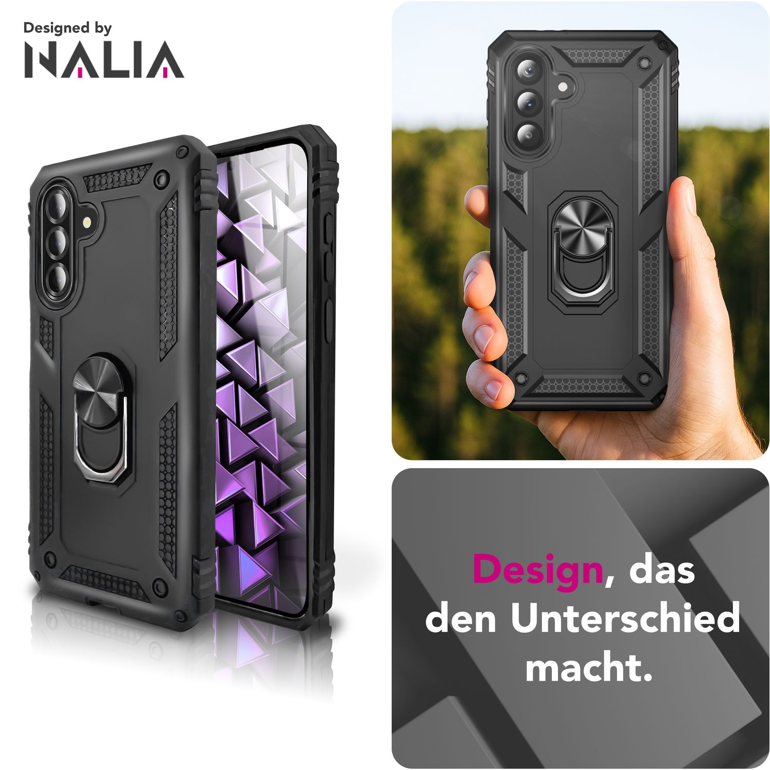 NALIA RingDefend Hülle für Samsung Galaxy A36 – Militärische Panzer Handyhülle mit 360° Metallring & Kickstand, Stoßfestes Armor Cover mit Grip, Outdoor Schutzhülle - Schwarz Default Title NALIA Outdoor Hülle