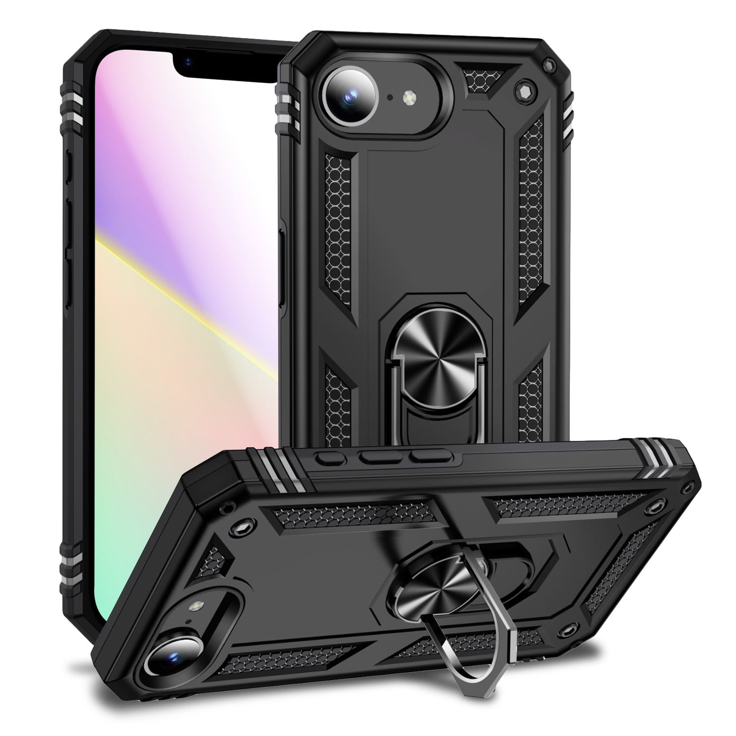 NALIA RingDefend Hülle für iPhone 16e, Panzerhülle mit 360° Metall-Ring, Standfunktion & Finger-Halter, Rutschfest & Stoßsicher, Kantenschutz, Schwarze Handyhülle im Military Style Default Title NALIA Outdoor Hülle
