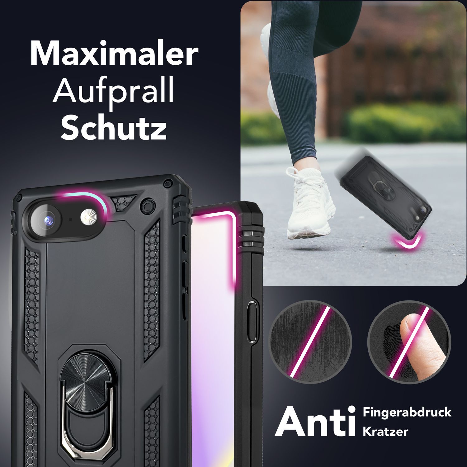 NALIA RingDefend Hülle für iPhone 16e, Panzerhülle mit 360° Metall-Ring, Standfunktion & Finger-Halter, Rutschfest & Stoßsicher, Kantenschutz, Schwarze Handyhülle im Military Style Default Title NALIA Outdoor Hülle