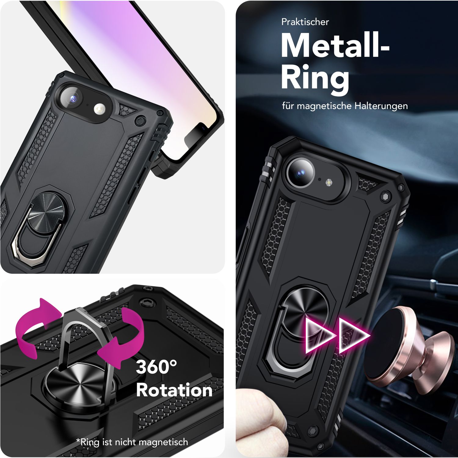 NALIA RingDefend Hülle für iPhone 16e, Panzerhülle mit 360° Metall-Ring, Standfunktion & Finger-Halter, Rutschfest & Stoßsicher, Kantenschutz, Schwarze Handyhülle im Military Style Default Title NALIA Outdoor Hülle