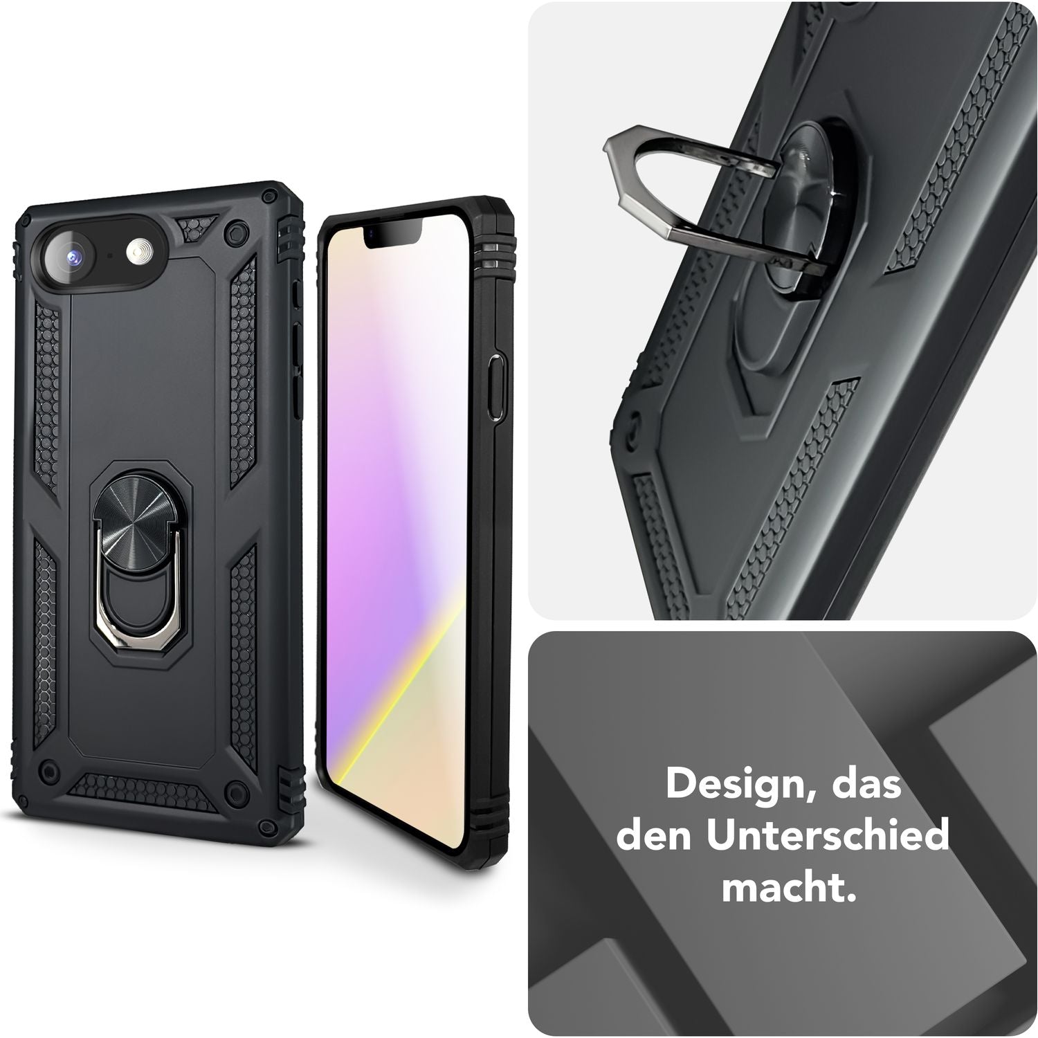 NALIA RingDefend Hülle für iPhone 16e, Panzerhülle mit 360° Metall-Ring, Standfunktion & Finger-Halter, Rutschfest & Stoßsicher, Kantenschutz, Schwarze Handyhülle im Military Style Default Title NALIA Outdoor Hülle