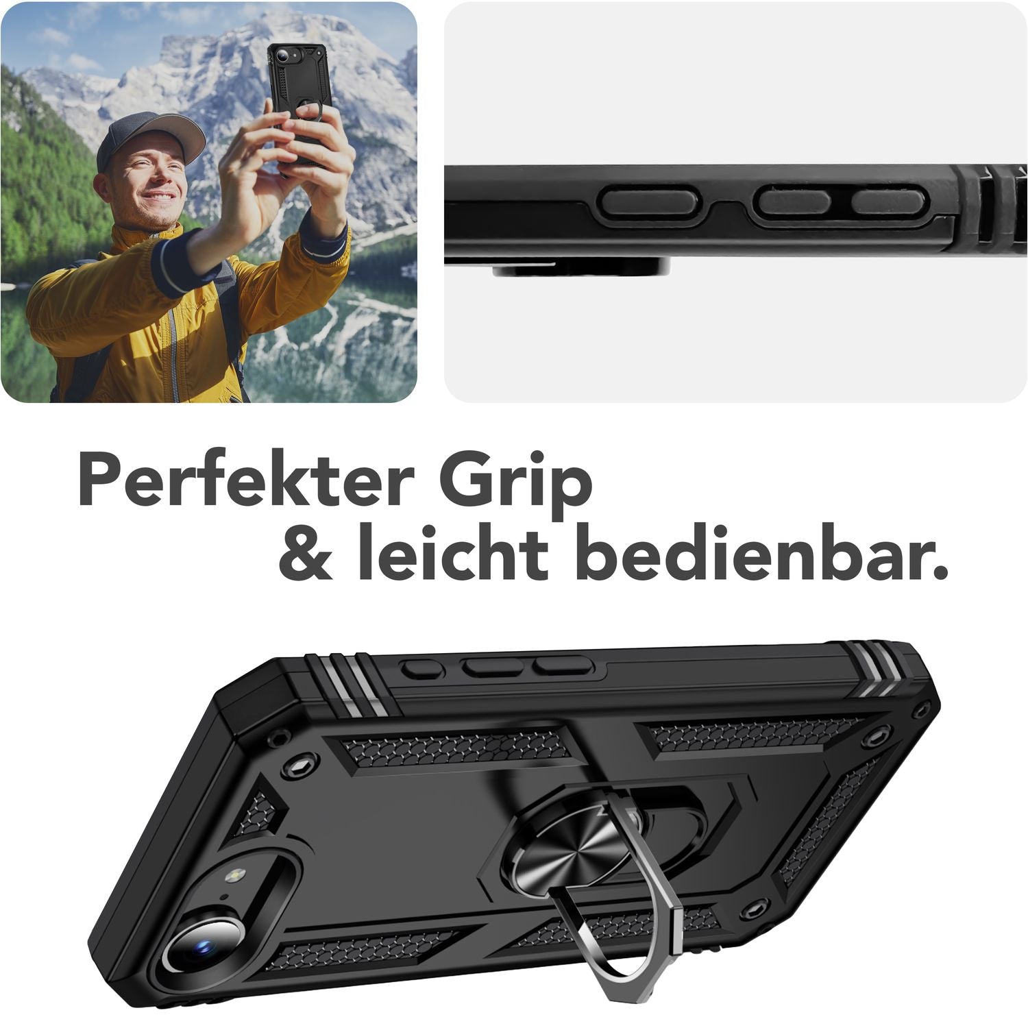 NALIA RingDefend Hülle für iPhone 16e, Panzerhülle mit 360° Metall-Ring, Standfunktion & Finger-Halter, Rutschfest & Stoßsicher, Kantenschutz, Schwarze Handyhülle im Military Style Default Title NALIA Outdoor Hülle
