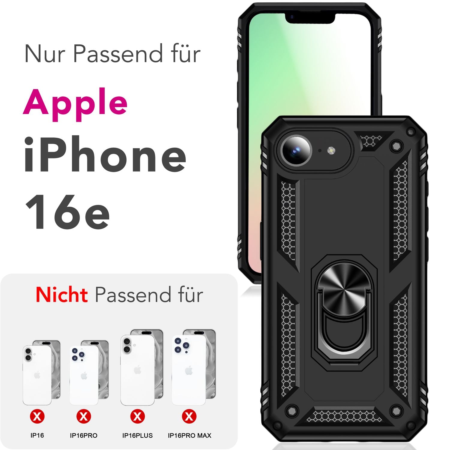 NALIA RingDefend Hülle für iPhone 16e, Panzerhülle mit 360° Metall-Ring, Standfunktion & Finger-Halter, Rutschfest & Stoßsicher, Kantenschutz, Schwarze Handyhülle im Military Style Default Title NALIA Outdoor Hülle
