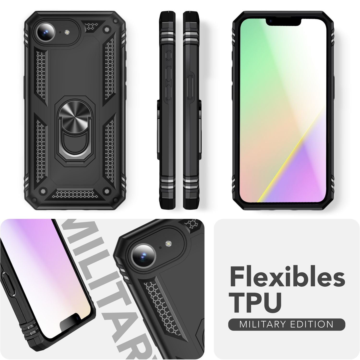NALIA RingDefend Hülle für iPhone 16e, Panzerhülle mit 360° Metall-Ring, Standfunktion & Finger-Halter, Rutschfest & Stoßsicher, Kantenschutz, Schwarze Handyhülle im Military Style Default Title NALIA Outdoor Hülle