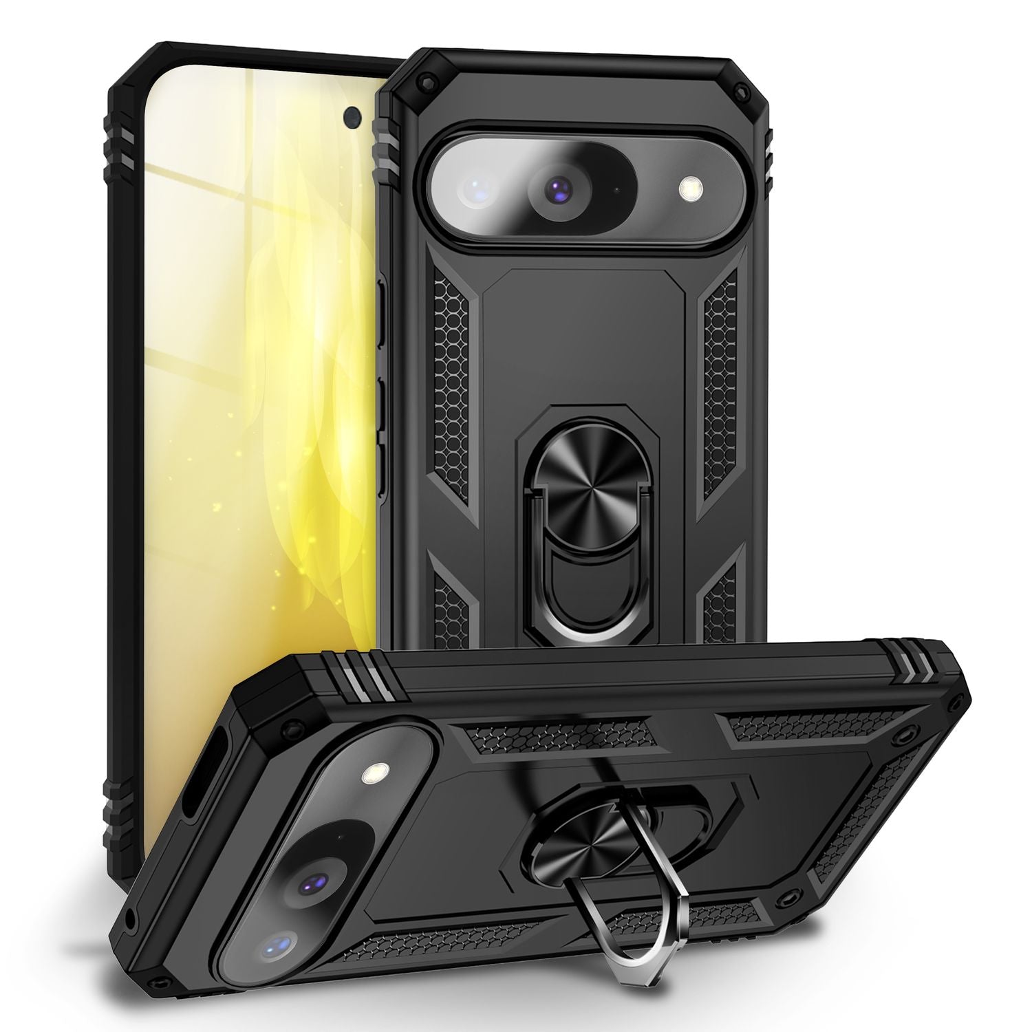 NALIA RingDefend Hülle für Google Pixel 9 – Taktische Handyhülle mit 360° Metall-Ringhalter, Rutschfestes Dual-Layer Case, Kickstand Hardcover mit Kantenschutz & Grip - Schwarz