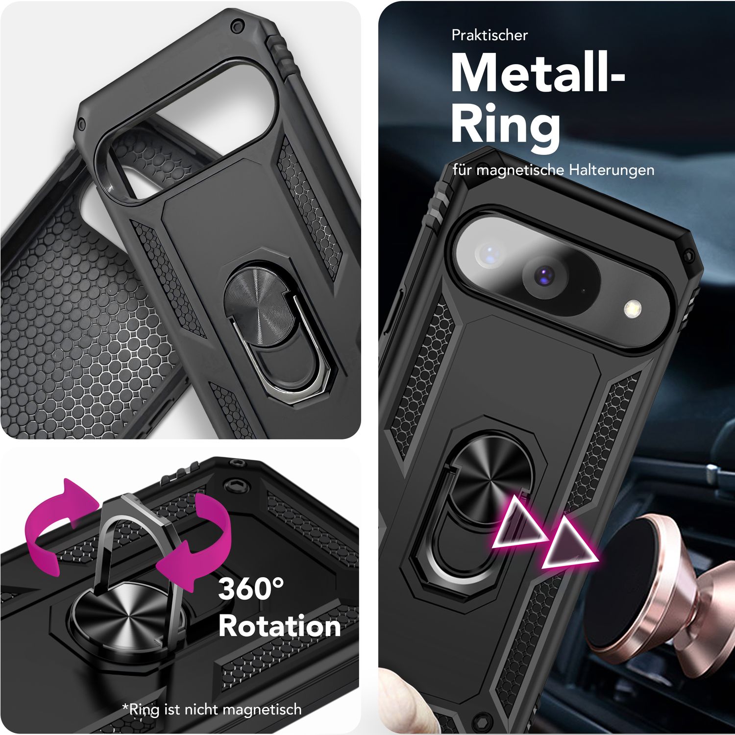 NALIA RingDefend Hülle für Google Pixel 9 – Taktische Handyhülle mit 360° Metall-Ringhalter, Rutschfestes Dual-Layer Case, Kickstand Hardcover mit Kantenschutz & Grip - Schwarz Default Title NALIA Outdoor Hülle