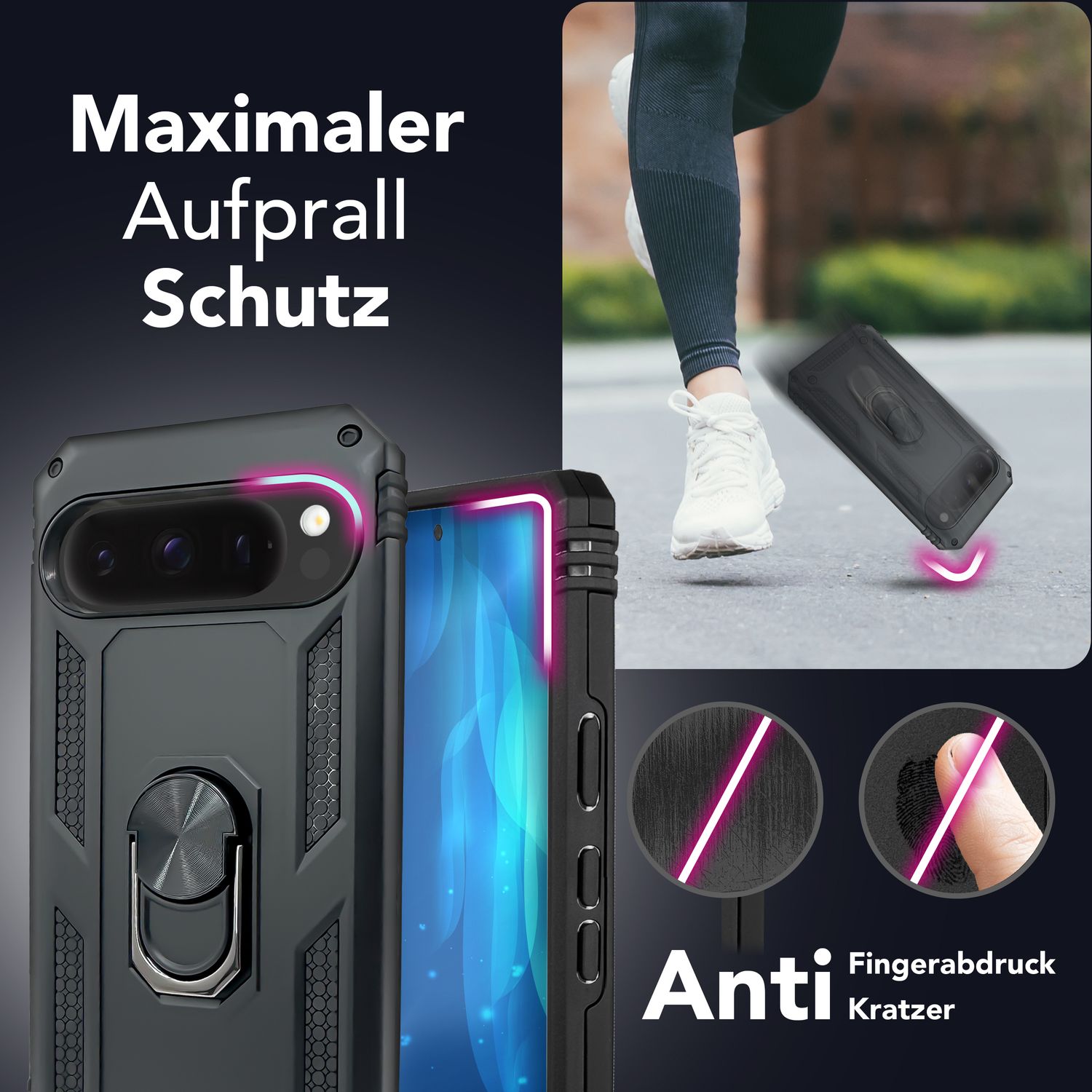 NALIA RingDefend Hülle für Google Pixel 9 Pro XL – Stoßfeste Panzerhülle mit 360° Metallring, Kickstand & Finger-Halter, Robustes Armor Case mit Grip, Militär Schutzhülle - Schwarz Default Title NALIA Outdoor Hülle