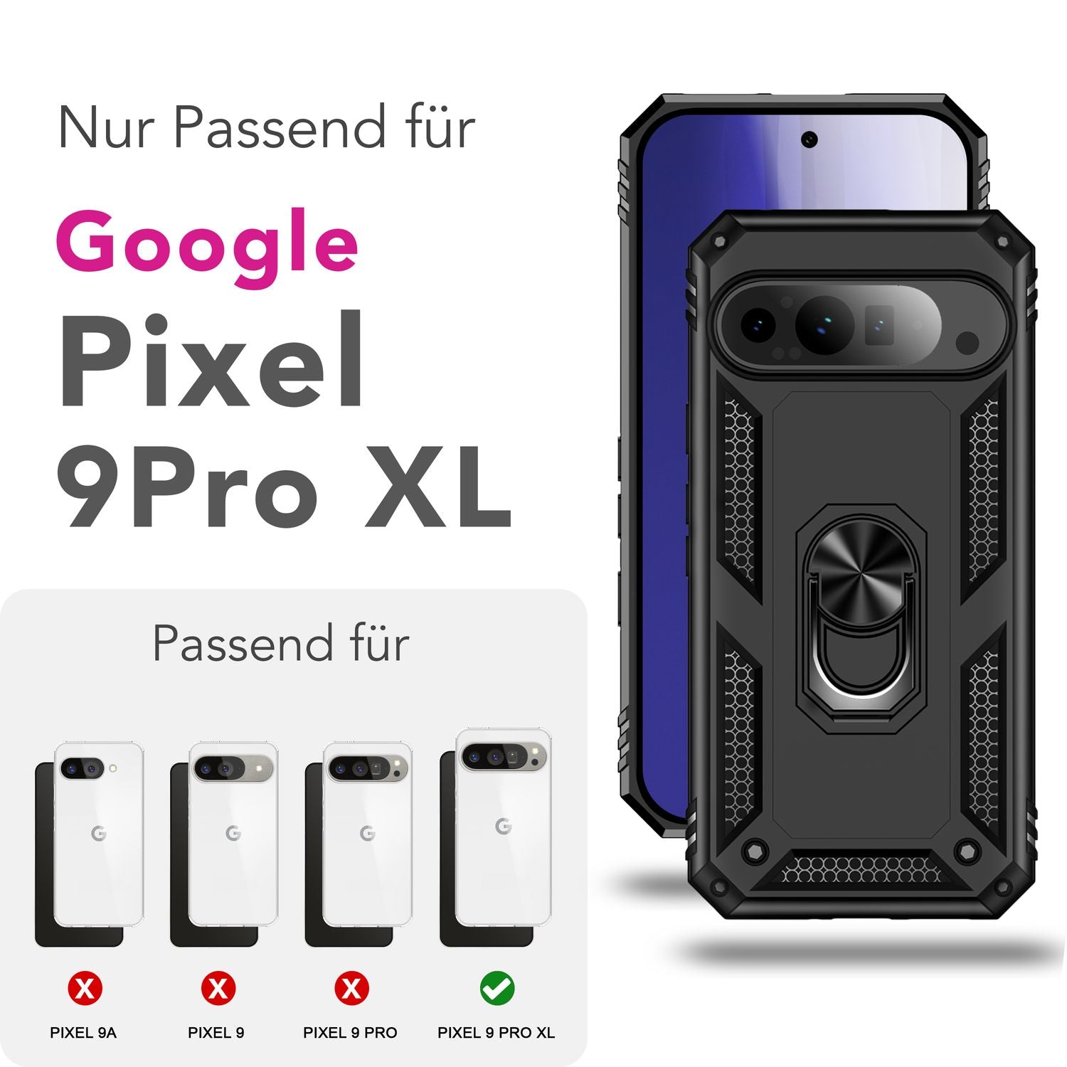 NALIA RingDefend Hülle für Google Pixel 9 Pro XL – Stoßfeste Panzerhülle mit 360° Metallring, Kickstand & Finger-Halter, Robustes Armor Case mit Grip, Militär Schutzhülle - Schwarz Default Title NALIA Outdoor Hülle