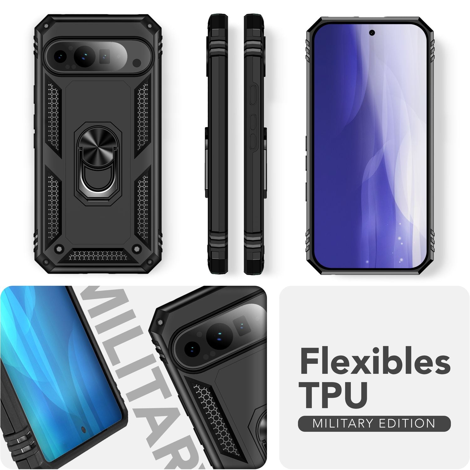 NALIA RingDefend Hülle für Google Pixel 9 Pro XL – Stoßfeste Panzerhülle mit 360° Metallring, Kickstand & Finger-Halter, Robustes Armor Case mit Grip, Militär Schutzhülle - Schwarz Default Title NALIA Outdoor Hülle