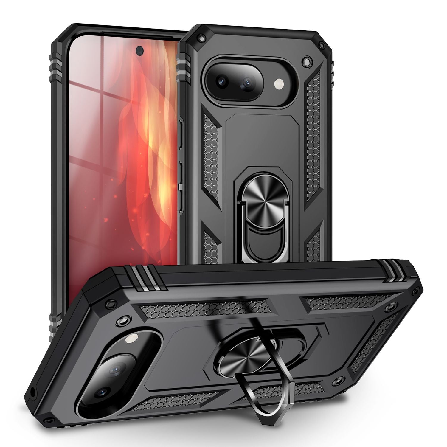 NALIA RingDefend Hülle für Google Pixel 9a – Militärtaugliches Outdoor Case mit 360° Ringhalter & Kickstand, Anti-Rutsch Armor Cover, Stoßfeste Handy-Schale, Panzerhülle - Schwarz