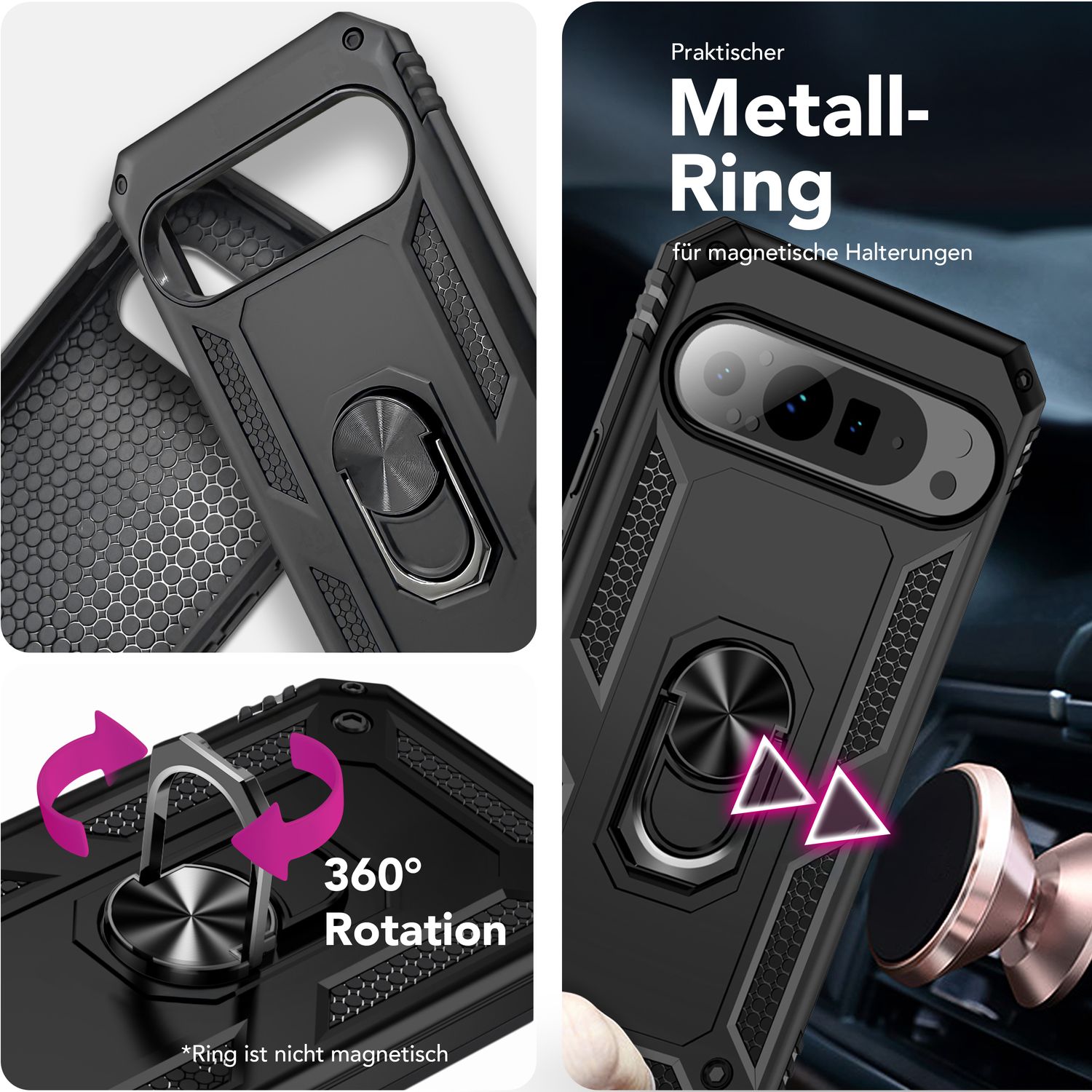 NALIA RingDefend Hülle für Google Pixel 9 Pro – Stoßfeste Handy-Schale mit 360° Finger-Halter & Kickstand, Military Style Armor Case mit Aufprallschutz, Panzer Handyhülle - Schwarz Default Title NALIA Outdoor Hülle