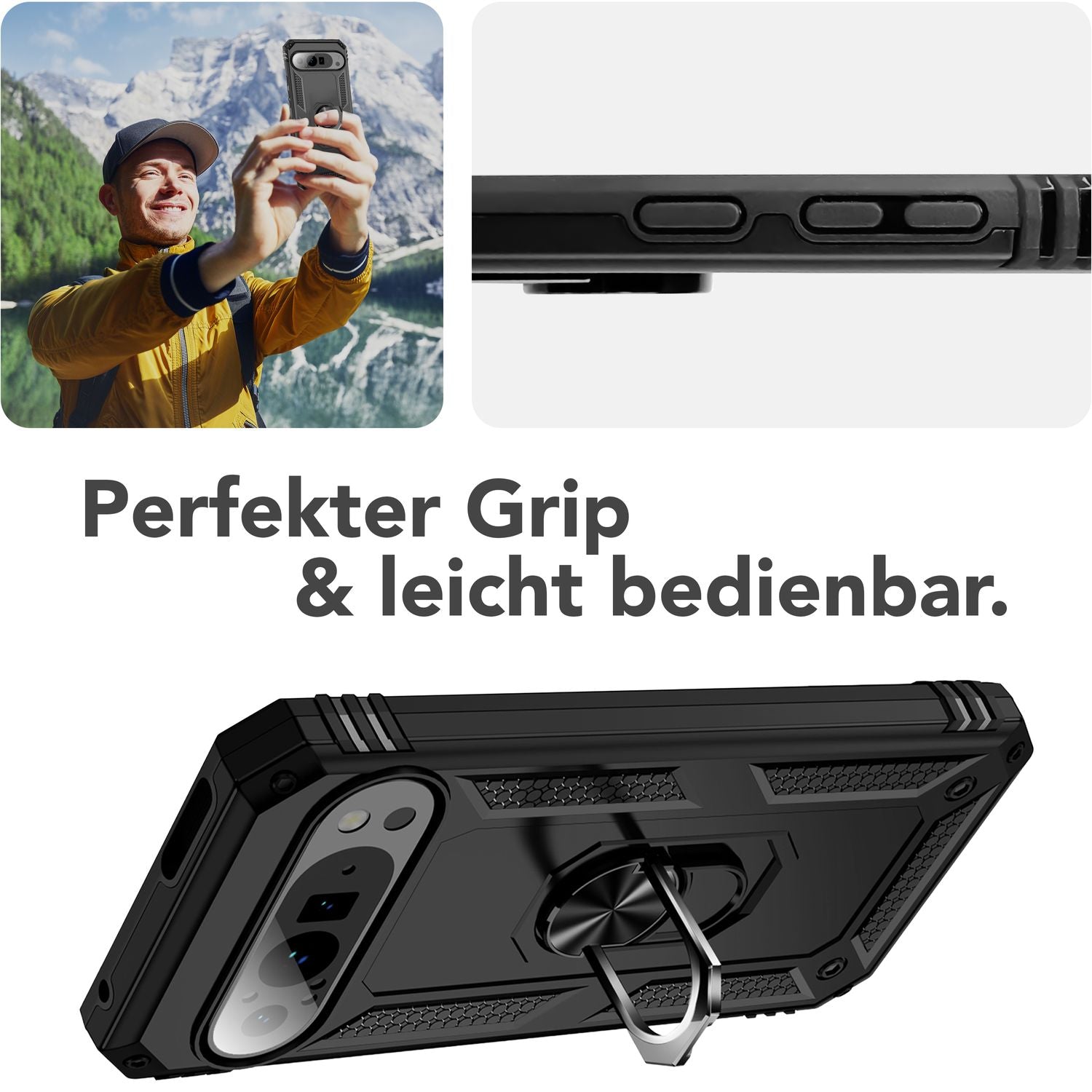 NALIA RingDefend Hülle für Google Pixel 9 Pro – Stoßfeste Handy-Schale mit 360° Finger-Halter & Kickstand, Military Style Armor Case mit Aufprallschutz, Panzer Handyhülle - Schwarz Default Title NALIA Outdoor Hülle