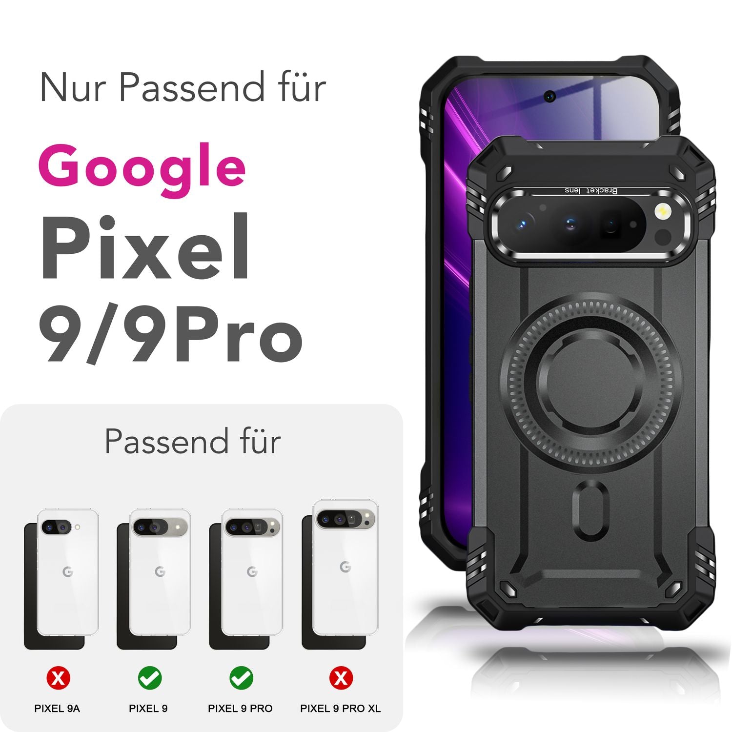 NALIA Granite Hülle für Google Pixel 9 Pro – Handyhülle für MagSafe, Extrem Widerstandsfähige Panzerhülle mit Kickstand, Harte Rückseite & Schutzrahmen gegen Aufprall