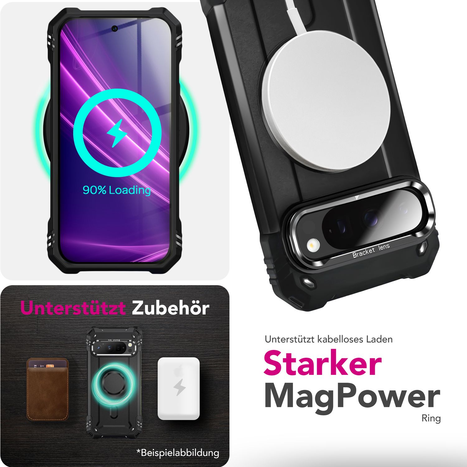 NALIA Granite Hülle für Google Pixel 9 Pro – Handyhülle für MagSafe, Extrem Widerstandsfähige Panzerhülle mit Kickstand, Harte Rückseite & Schutzrahmen gegen Aufprall