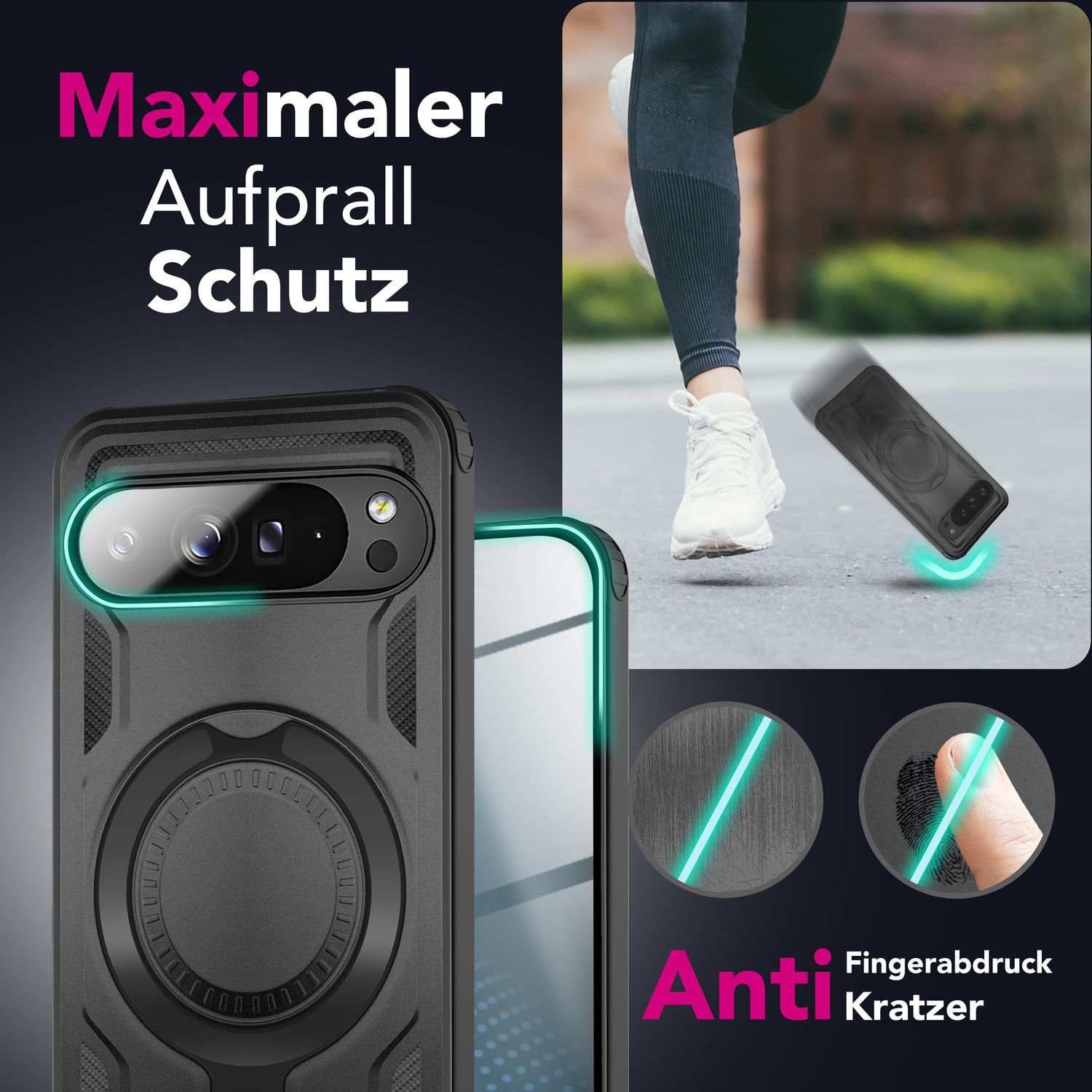 NALIA Stormguard Hülle für Google Pixel 9 Pro – Handyhülle für MagSafe, Shockproof Case mit Stoßschutz, 360° Dreh-Ring, Kickstand & Finger-Halter, Militär Schutzhülle Vulkanschwarz NALIA Outdoor Hülle