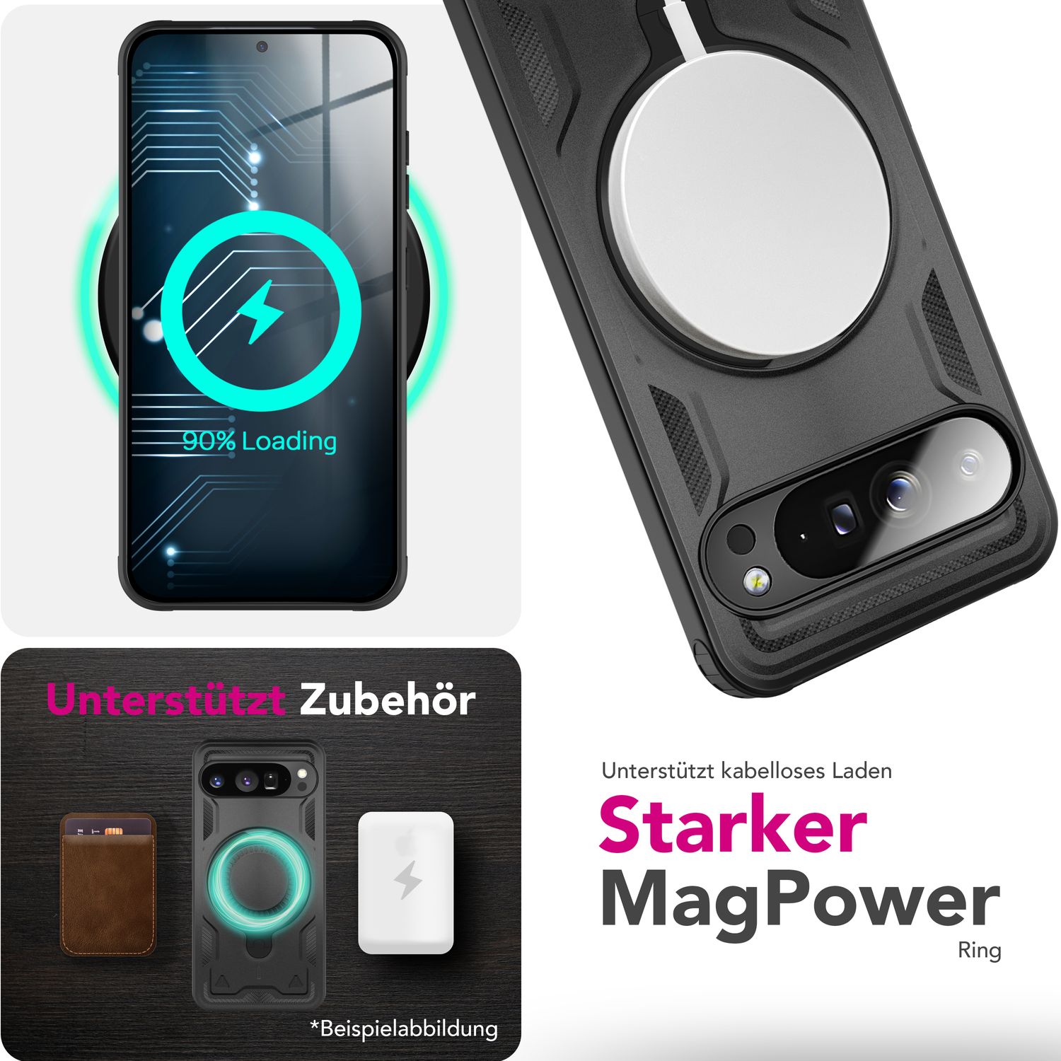 NALIA Stormguard Hülle für Google Pixel 9 Pro – Handyhülle für MagSafe, Shockproof Case mit Stoßschutz, 360° Dreh-Ring, Kickstand & Finger-Halter, Militär Schutzhülle Vulkanschwarz NALIA Outdoor Hülle