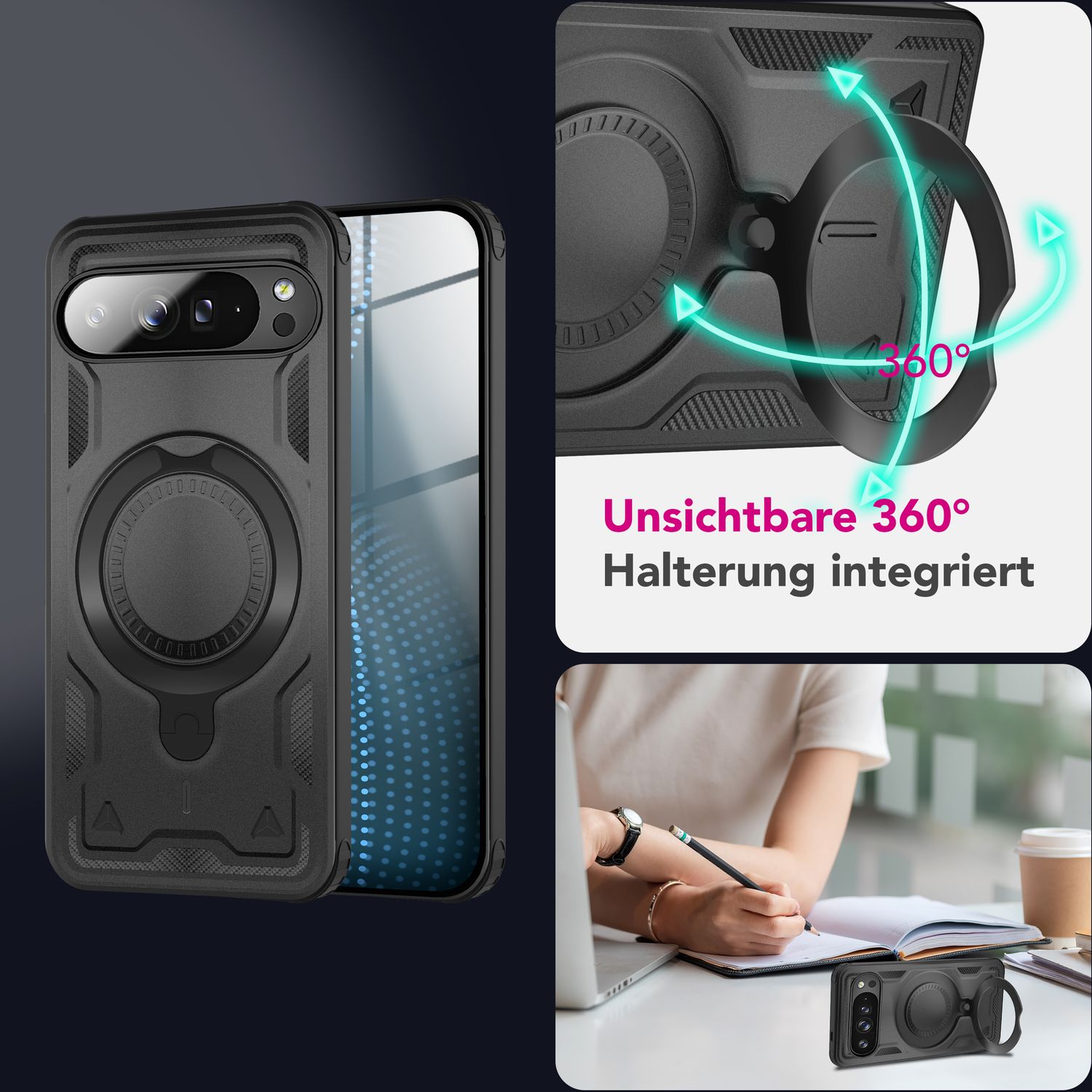 NALIA Stormguard Hülle für Google Pixel 9 Pro – Handyhülle für MagSafe, Shockproof Case mit Stoßschutz, 360° Dreh-Ring, Kickstand & Finger-Halter, Militär Schutzhülle Vulkanschwarz NALIA Outdoor Hülle