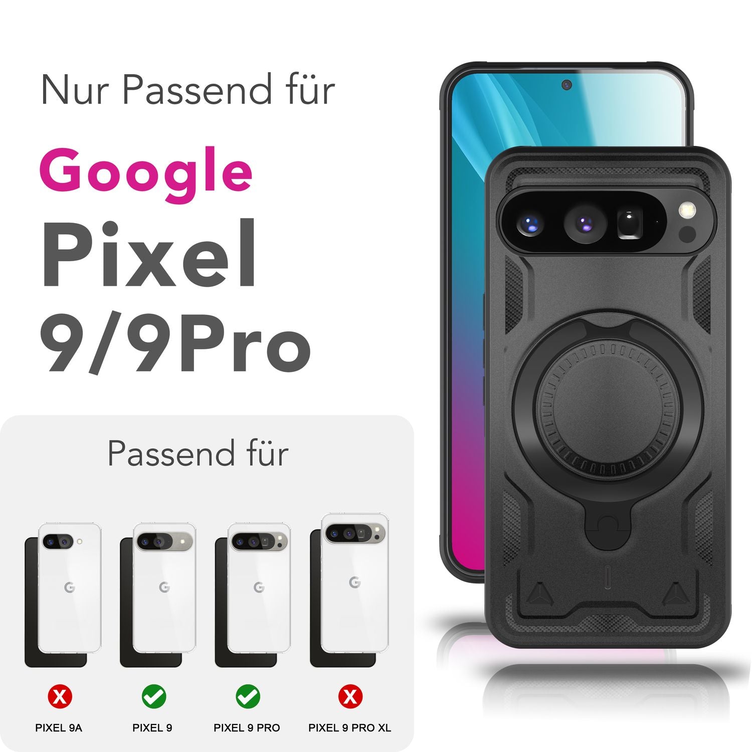 NALIA Stormguard Hülle für Google Pixel 9 Pro – Handyhülle für MagSafe, Shockproof Case mit Stoßschutz, 360° Dreh-Ring, Kickstand & Finger-Halter, Militär Schutzhülle Vulkanschwarz NALIA Outdoor Hülle