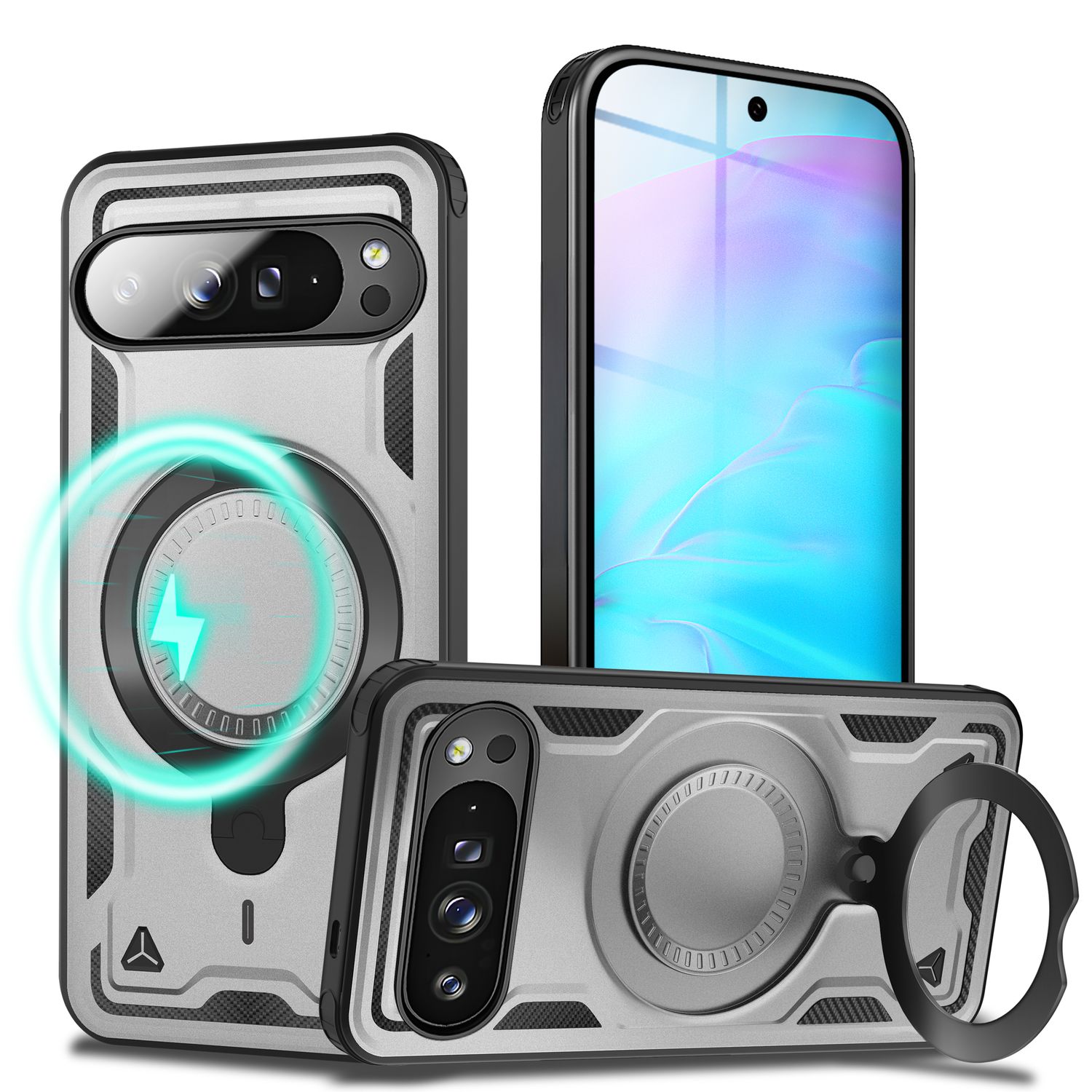 NALIA Stormguard Hülle für Google Pixel 9 Pro – Handyhülle für MagSafe, Shockproof Case mit Stoßschutz, 360° Dreh-Ring, Kickstand & Finger-Halter, Militär Schutzhülle Sturmsilber NALIA Outdoor Hülle