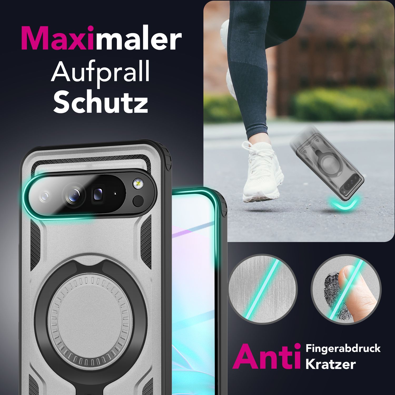 NALIA Stormguard Hülle für Google Pixel 9 Pro – Handyhülle für MagSafe, Shockproof Case mit Stoßschutz, 360° Dreh-Ring, Kickstand & Finger-Halter, Militär Schutzhülle Sturmsilber NALIA Outdoor Hülle