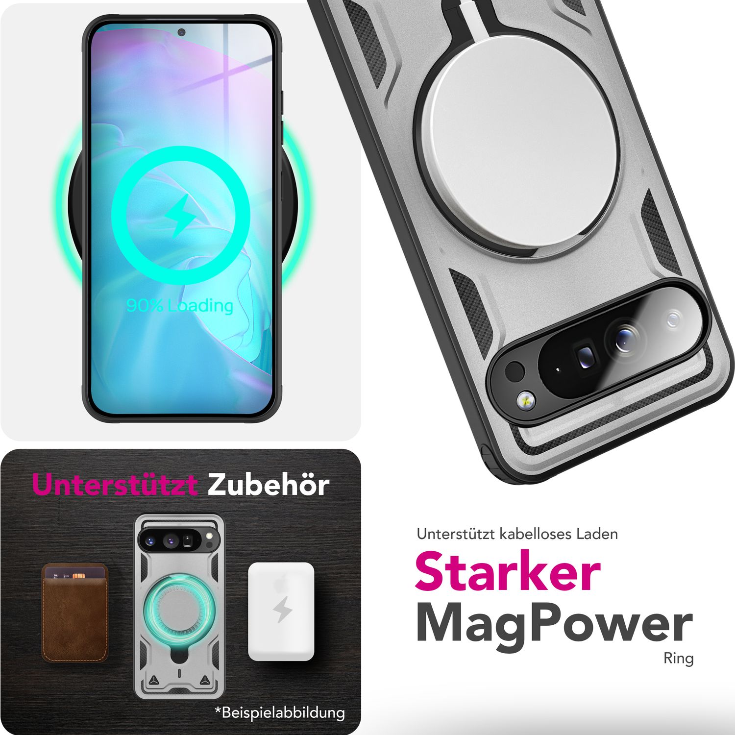 NALIA Stormguard Hülle für Google Pixel 9 Pro – Handyhülle für MagSafe, Shockproof Case mit Stoßschutz, 360° Dreh-Ring, Kickstand & Finger-Halter, Militär Schutzhülle Sturmsilber NALIA Outdoor Hülle