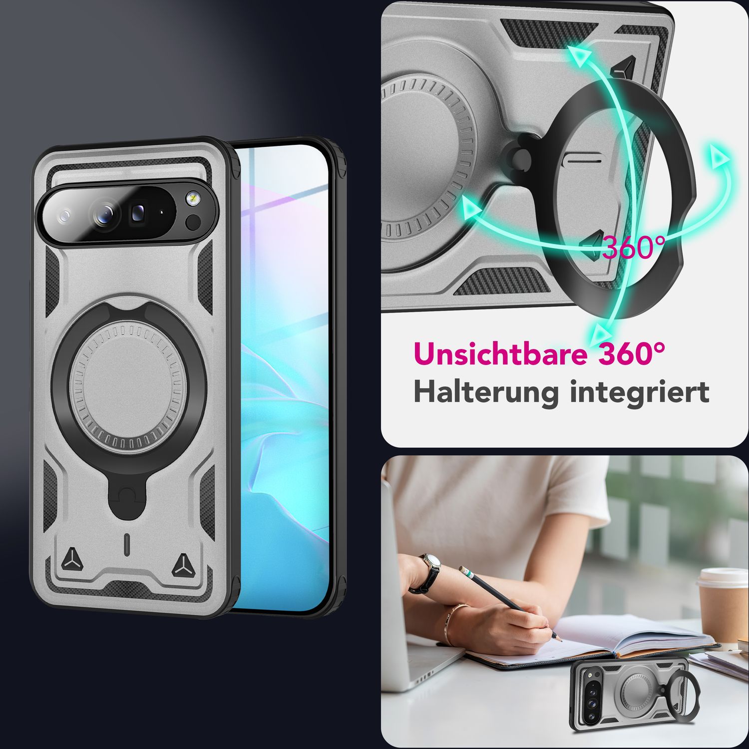 NALIA Stormguard Hülle für Google Pixel 9 Pro – Handyhülle für MagSafe, Shockproof Case mit Stoßschutz, 360° Dreh-Ring, Kickstand & Finger-Halter, Militär Schutzhülle Sturmsilber NALIA Outdoor Hülle