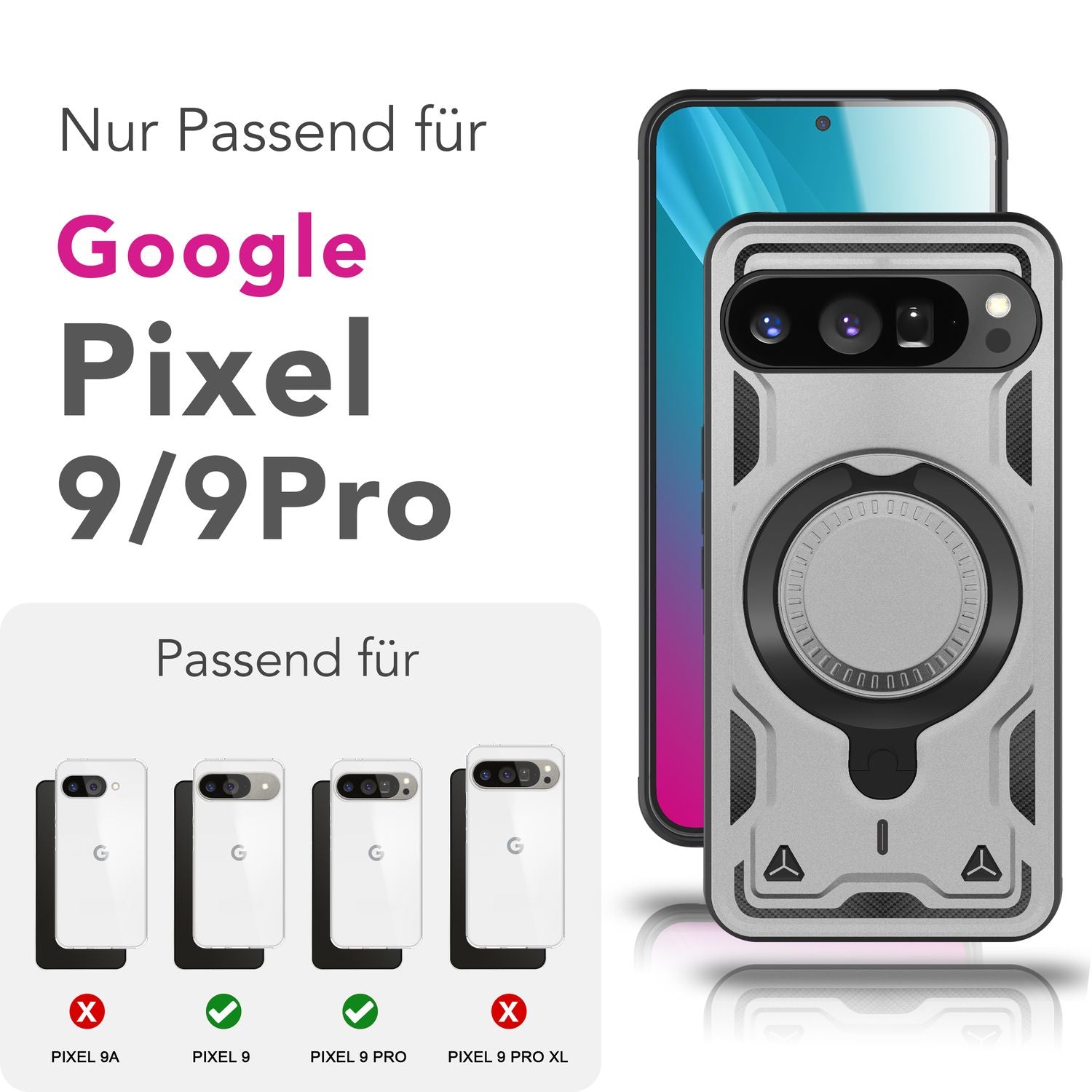 NALIA Stormguard Hülle für Google Pixel 9 Pro – Handyhülle für MagSafe, Shockproof Case mit Stoßschutz, 360° Dreh-Ring, Kickstand & Finger-Halter, Militär Schutzhülle Sturmsilber NALIA Outdoor Hülle
