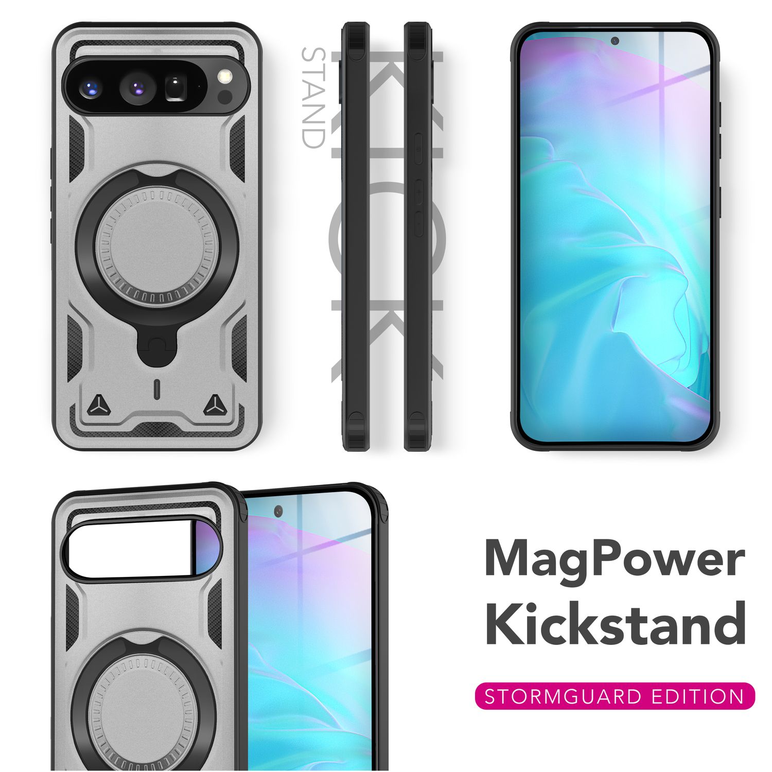NALIA Stormguard Hülle für Google Pixel 9 Pro – Handyhülle für MagSafe, Shockproof Case mit Stoßschutz, 360° Dreh-Ring, Kickstand & Finger-Halter, Militär Schutzhülle Sturmsilber NALIA Outdoor Hülle