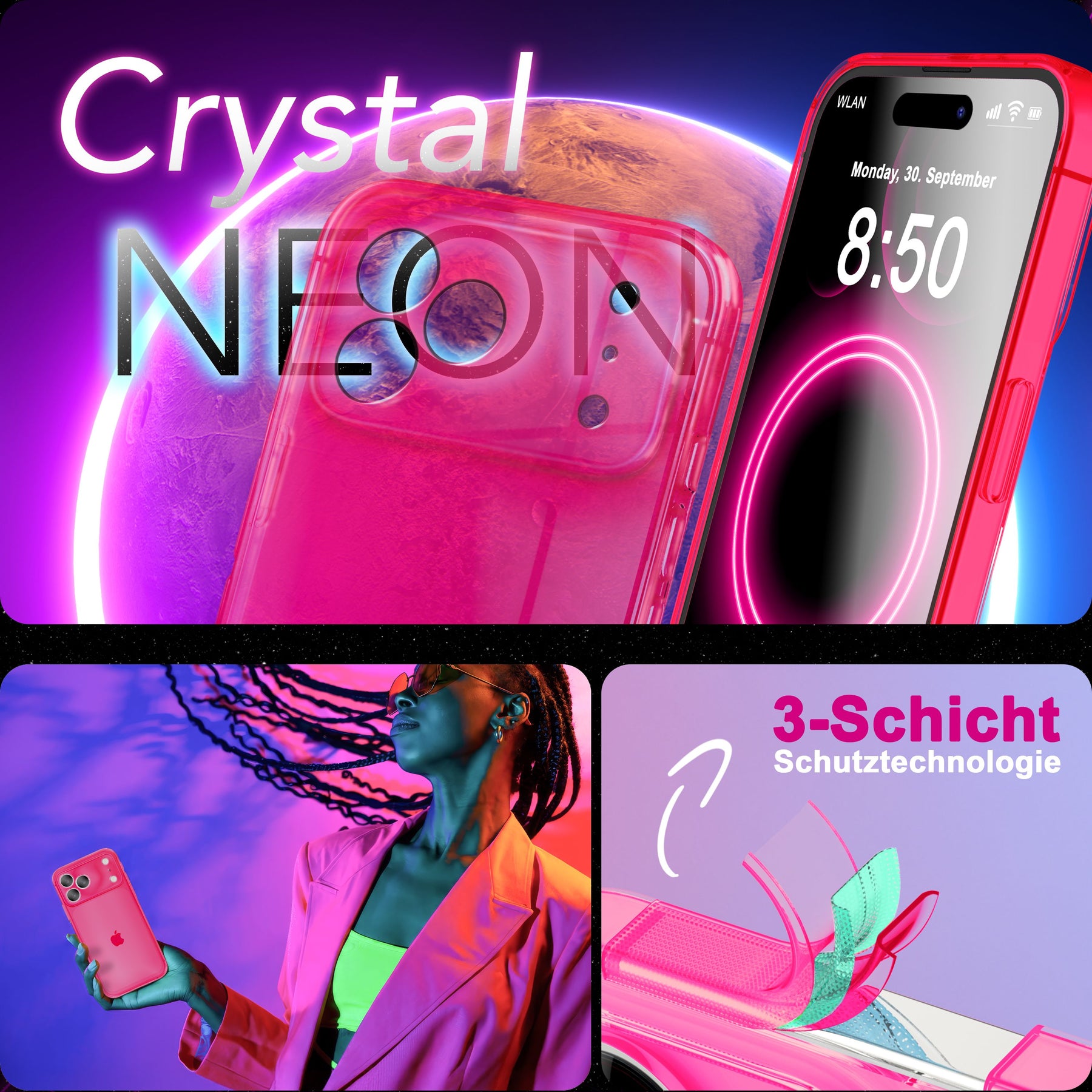 NALIA Neon Silikonhülle für iPhone 17 Pro – Knallige Signal-Farbe & Linsenschutz – VIBE (Transparentes Case) – Marke aus Berlin Pink NALIA Klare Hüllen