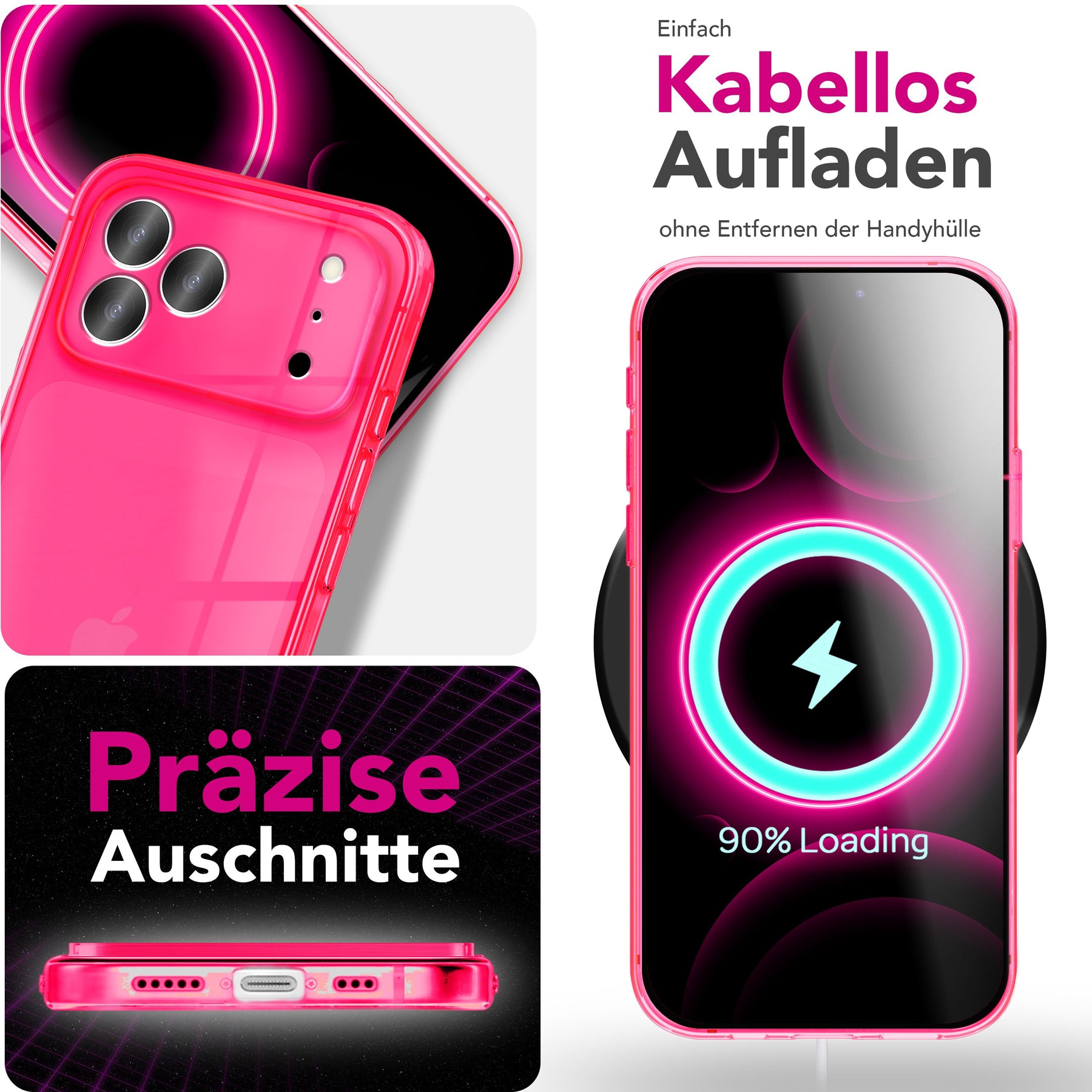 NALIA Neon Silikonhülle für iPhone 17 Pro – Knallige Signal-Farbe & Linsenschutz – VIBE (Transparentes Case) – Marke aus Berlin Pink NALIA Klare Hüllen