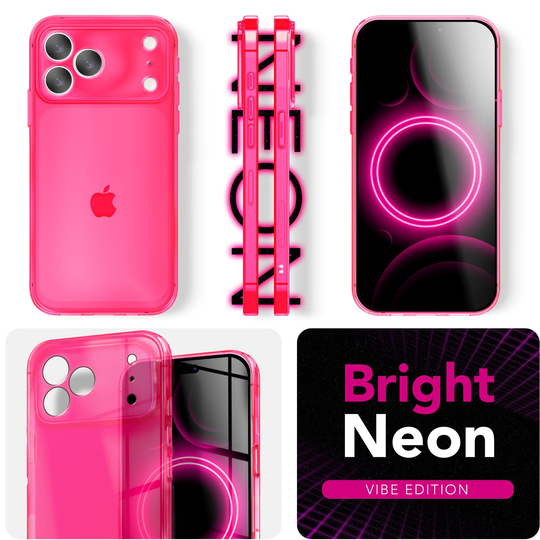 NALIA Neon Silikonhülle für iPhone 17 Pro – Knallige Signal-Farbe & Linsenschutz – VIBE (Transparentes Case) – Marke aus Berlin Pink NALIA Klare Hüllen